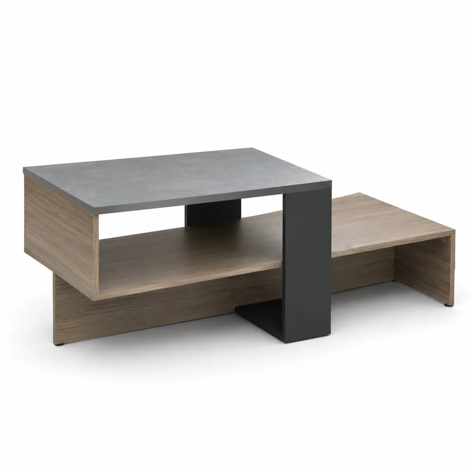 Mesa de centro de madera y metal con diseño asimétrico