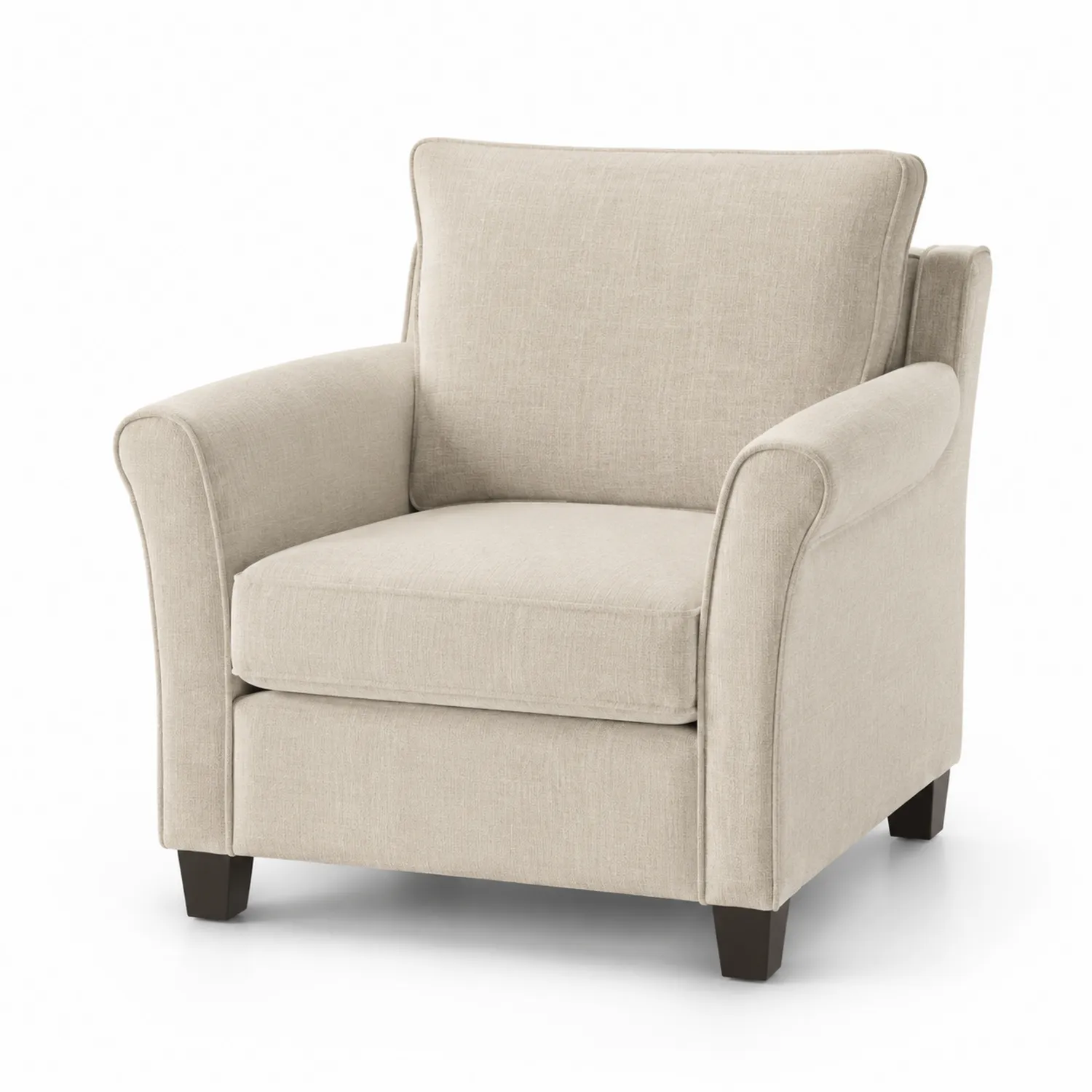 Sillón de tela beige con patas de madera