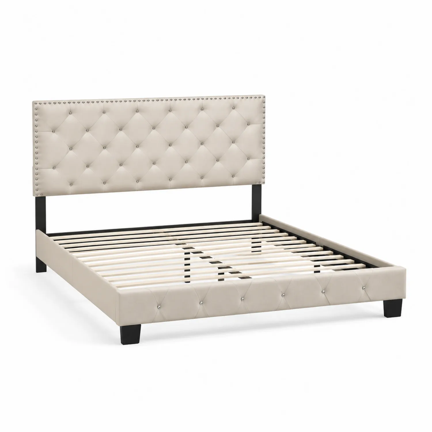 Cama tapizada de cuero sintético beige con cabecero acolchado y marco de madera 200x150 cm