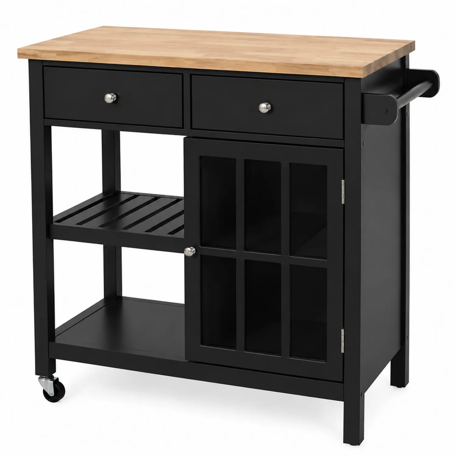 Carro de cocina de metal negro con encimera de madera y ruedas