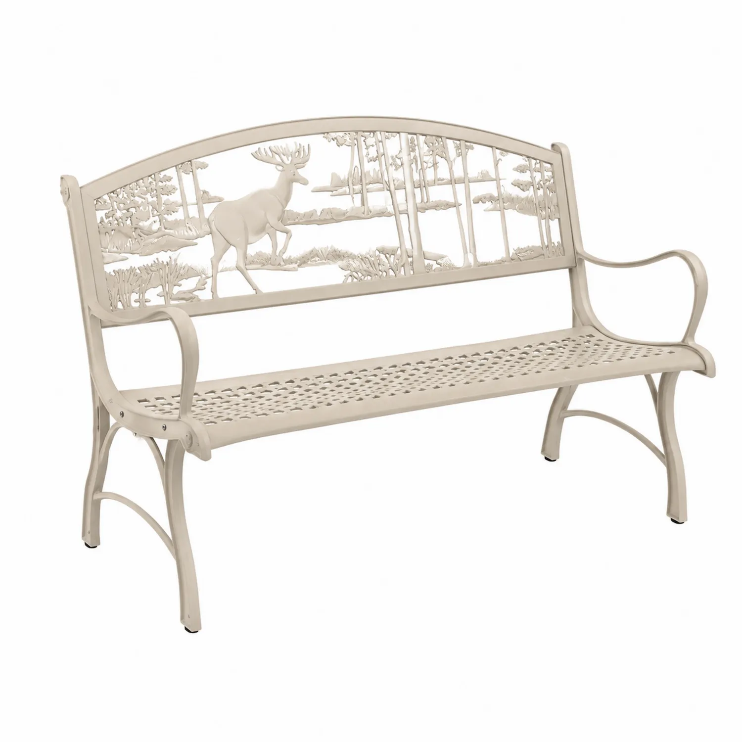 Banco de metal beige con respaldo decorativo de venado 127 cm