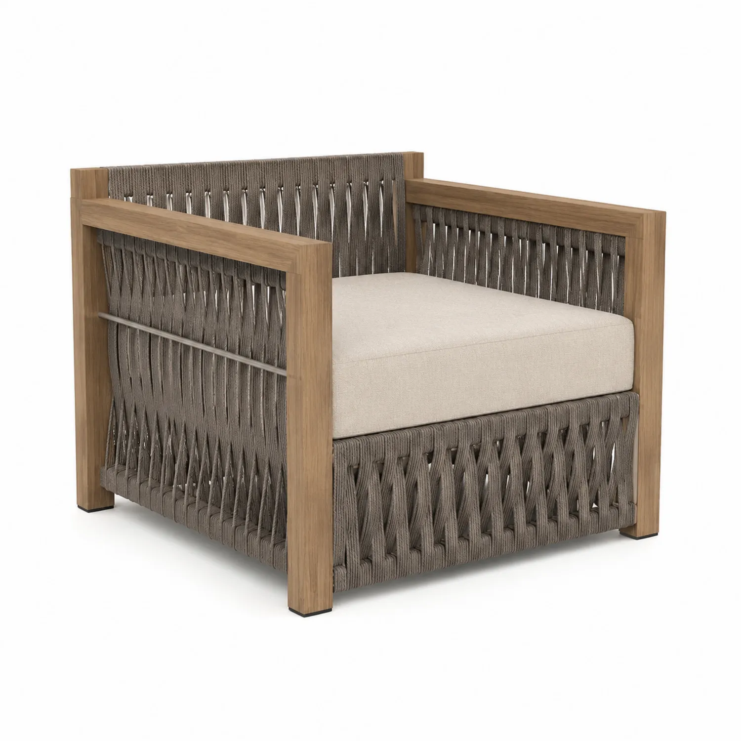 Sillón de madera y cuerda sintética con cojín beige