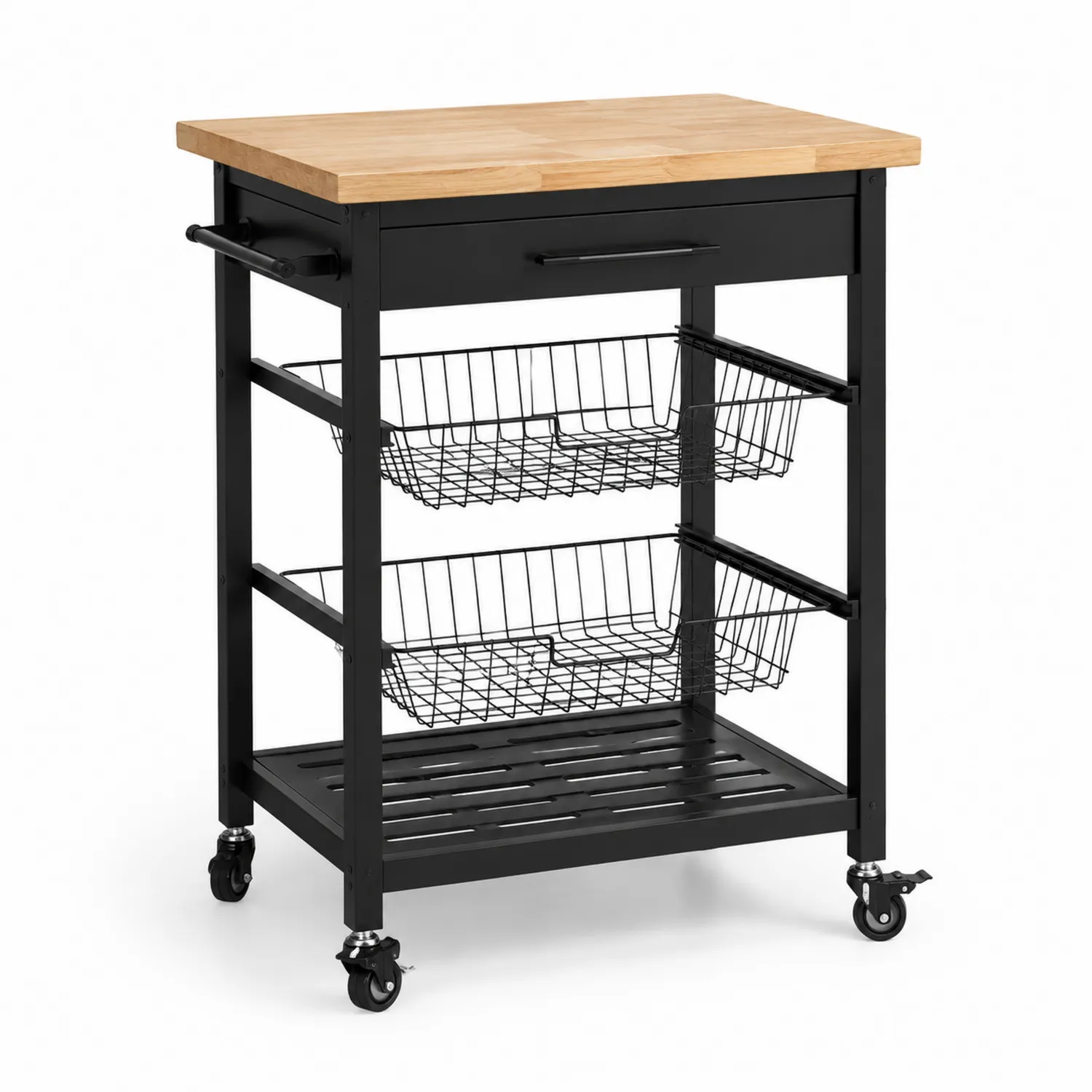 Carrito de cocina con encimera de roble y estructura de acero negro 60x40x85 cm