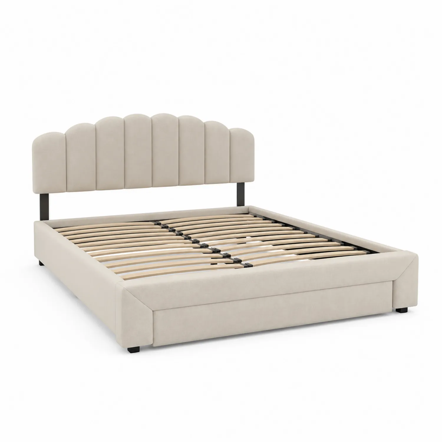 Cama tapizada con cabecero de poliéster beige 160x200 cm con estructura de contrachapado