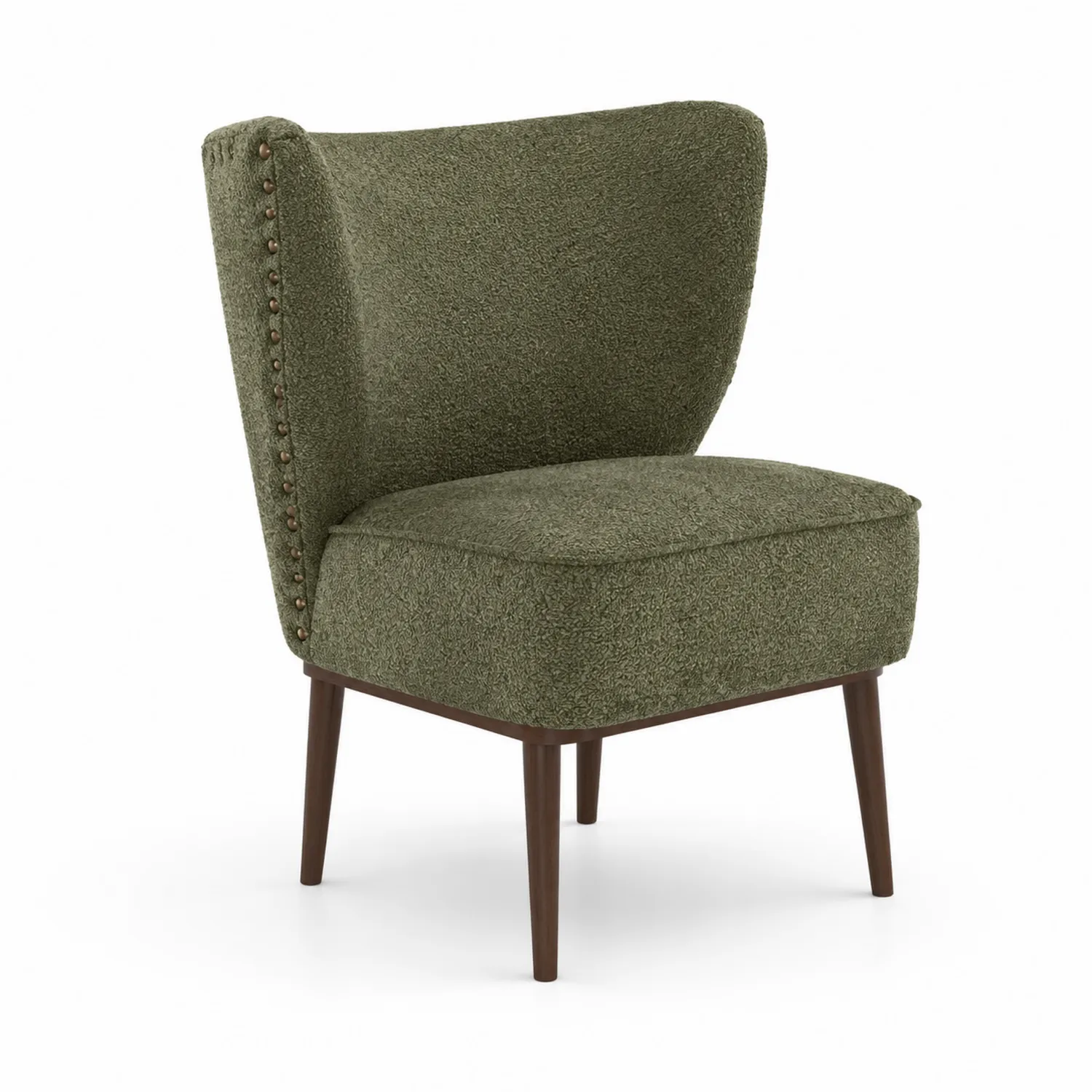 Silla de tela bouclé verde con patas de madera