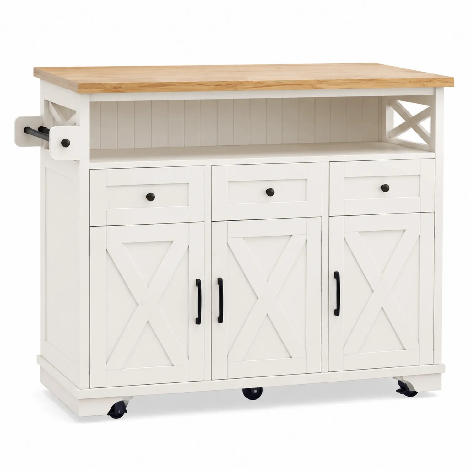 Isla de cocina de MDF blanca con superficie de roble