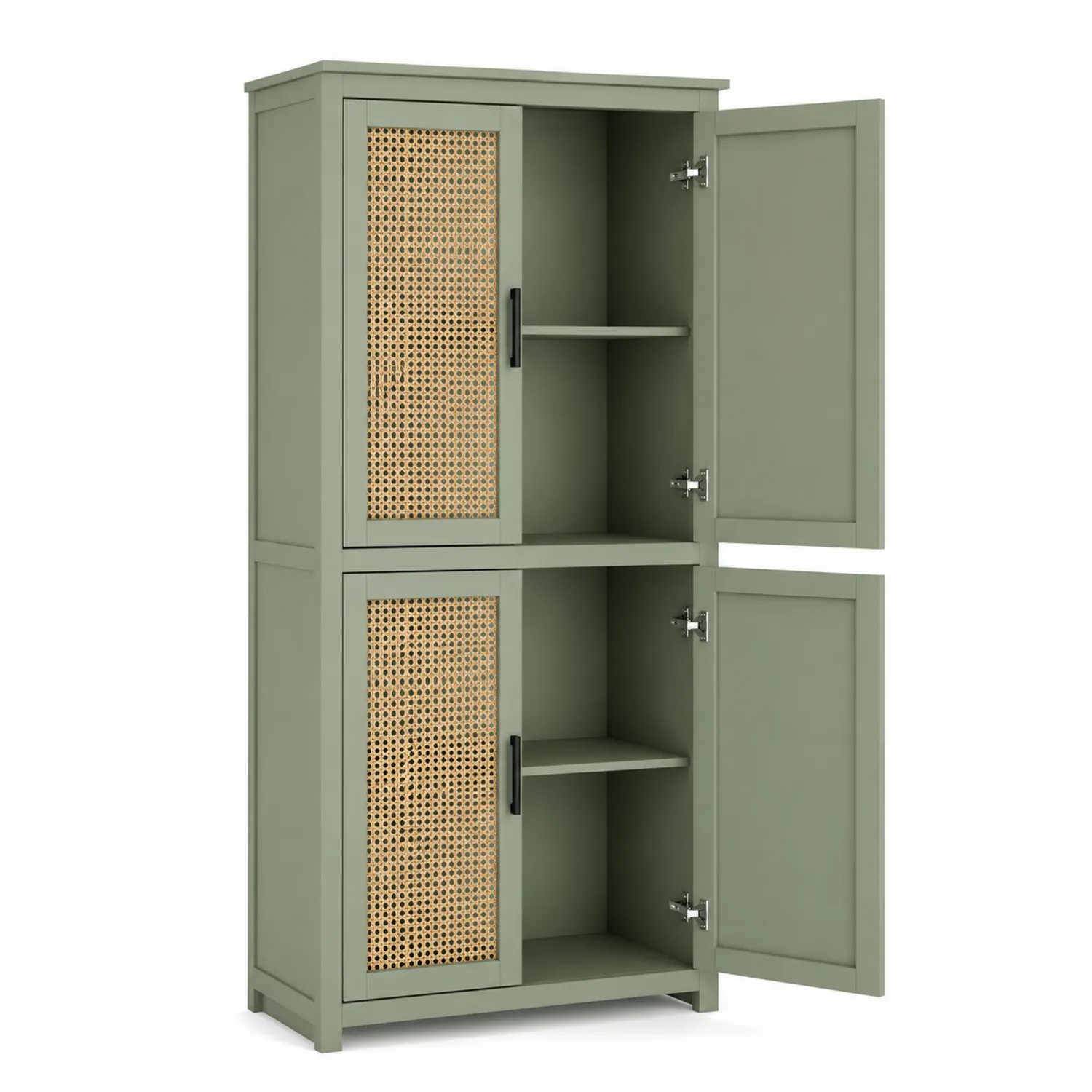 Armario de Madera con Puertas de Ratán y Estantes Ajustables Verde