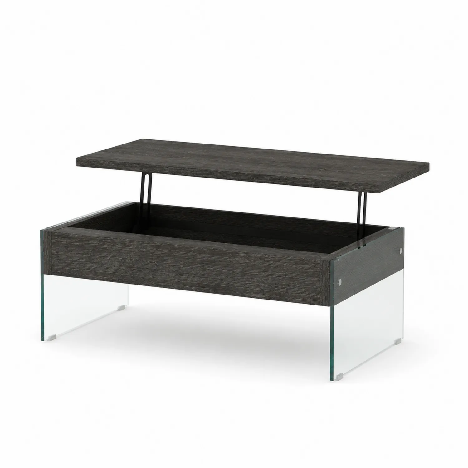 Mesa de centro de madera oscura con patas de vidrio templado
