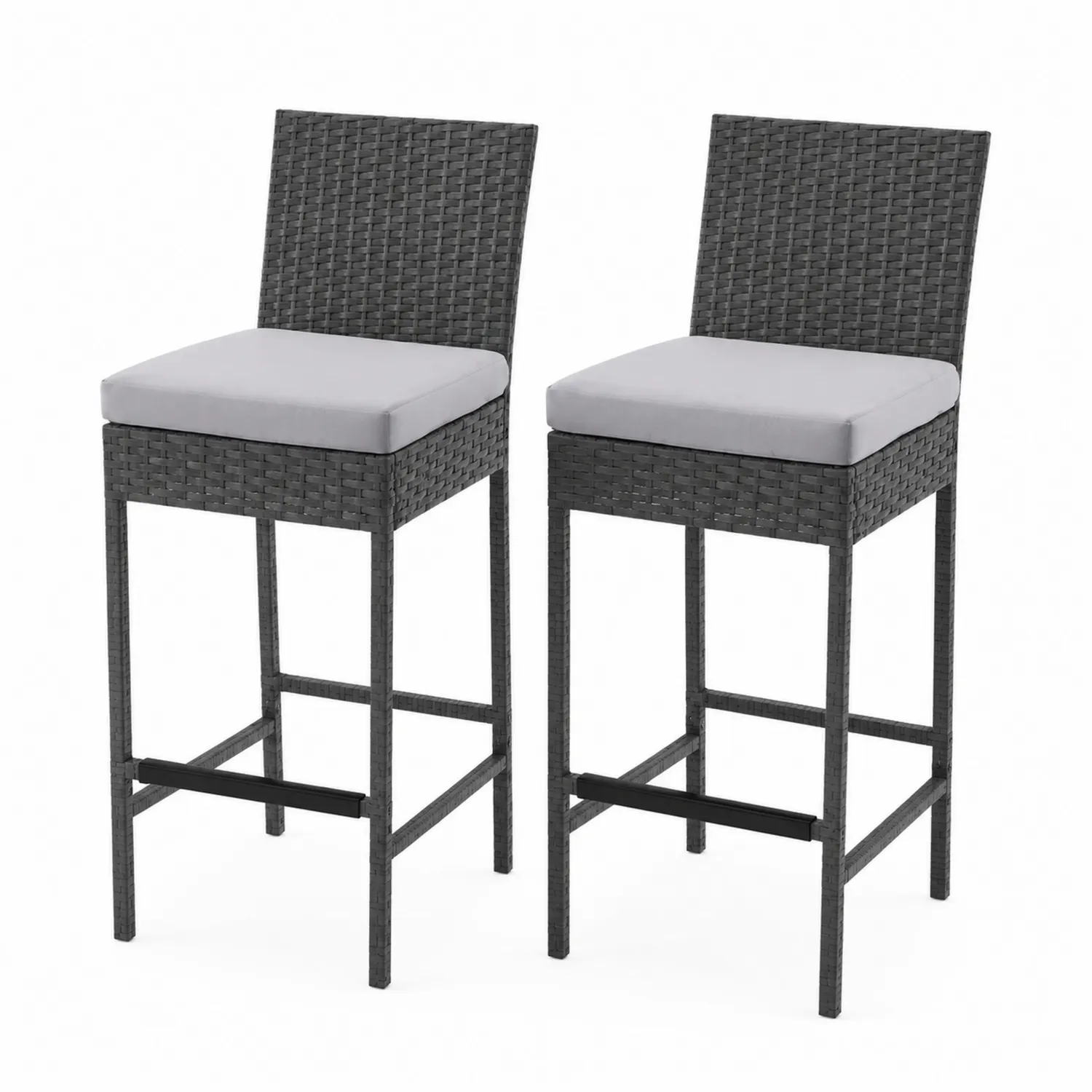 Taburetes de Bar de Ratán Sintético con Cojín Gris 2 Piezas