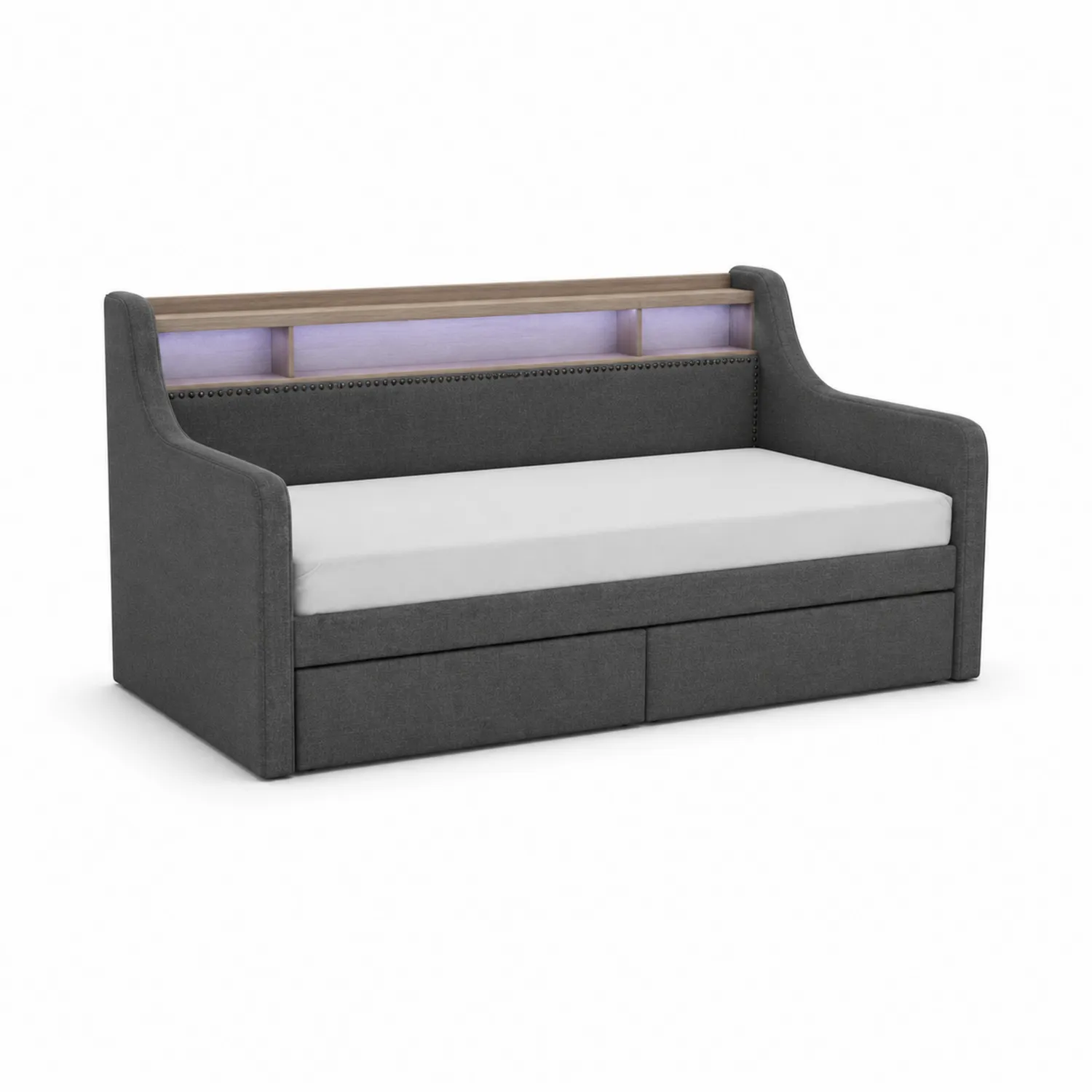 Sofá cama de tela gris con almacenamiento de madera