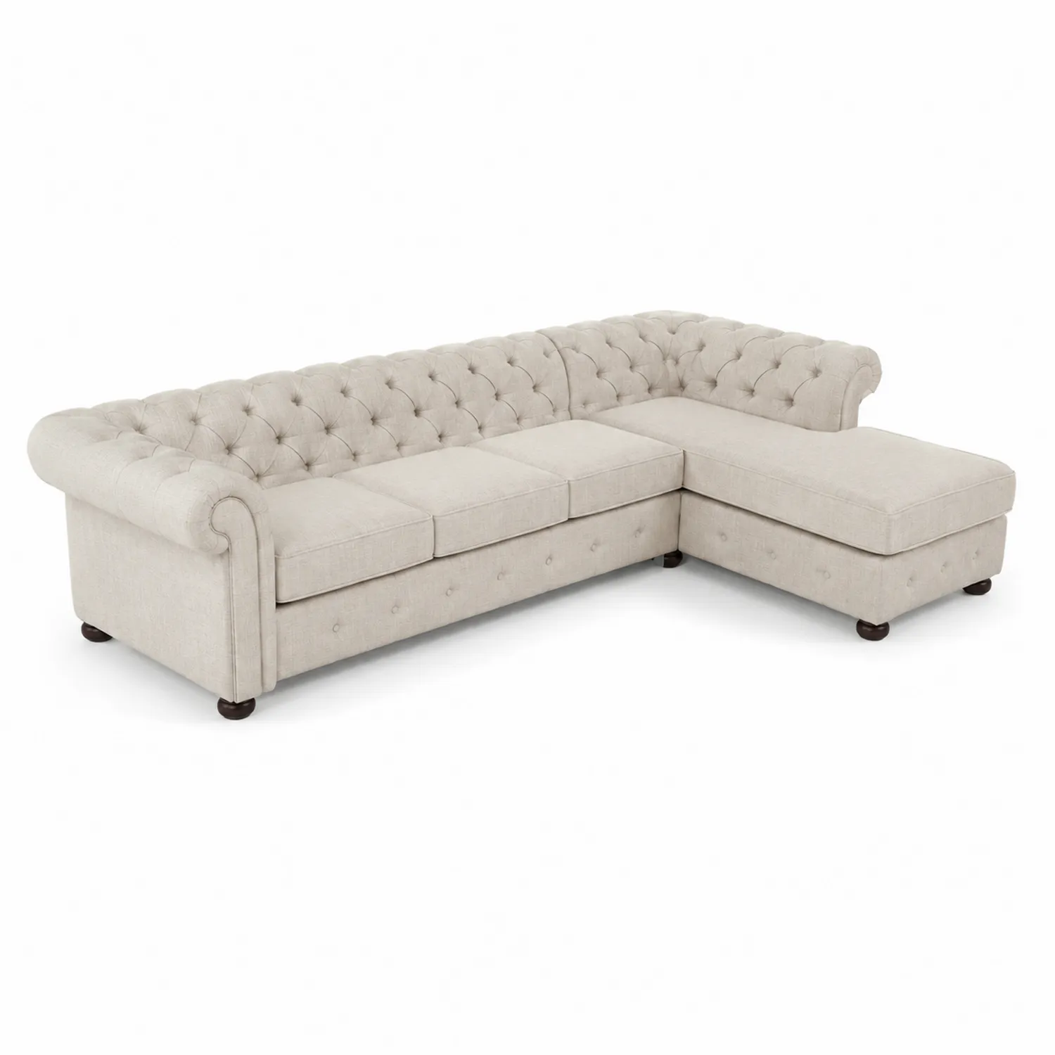 Sofá modular en forma de L beige con tela de lino y estructura de madera