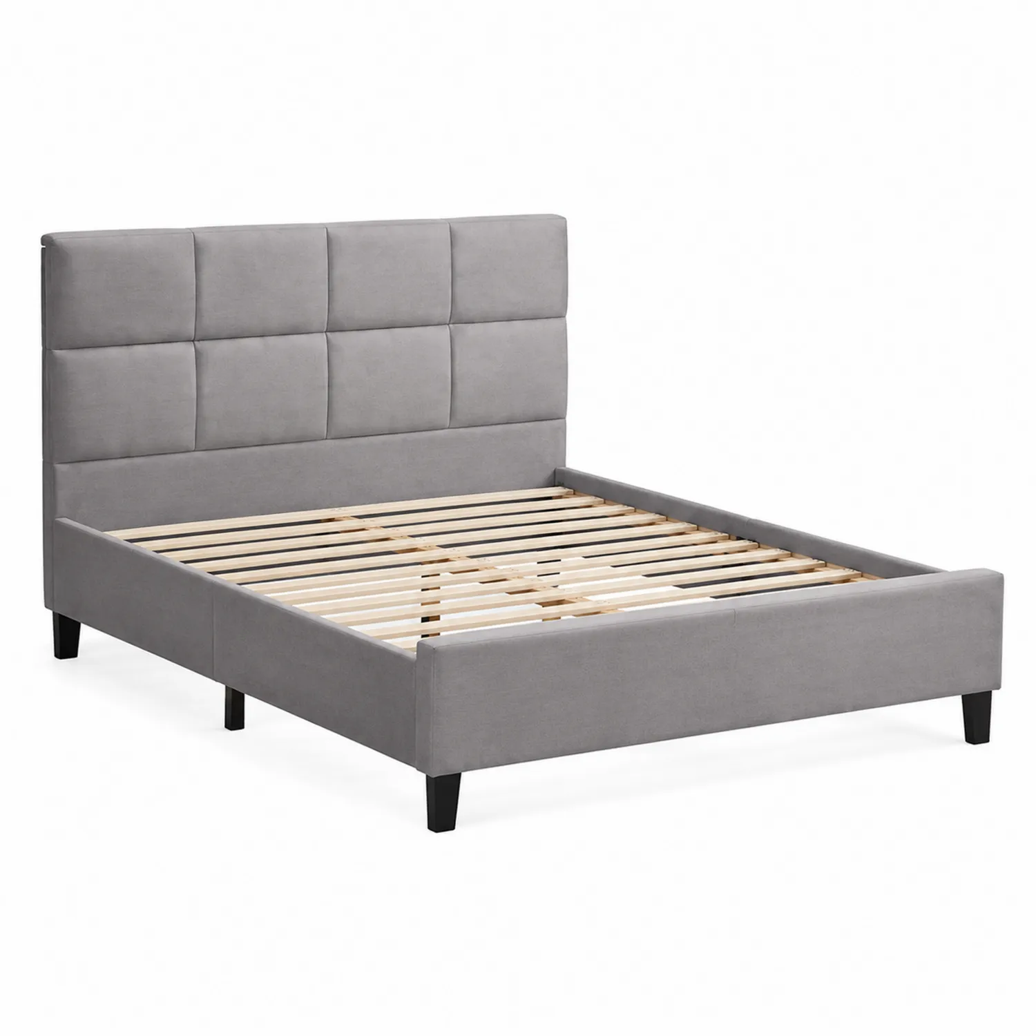 Cama tapizada gris con estructura de madera y metal 140x200 cm