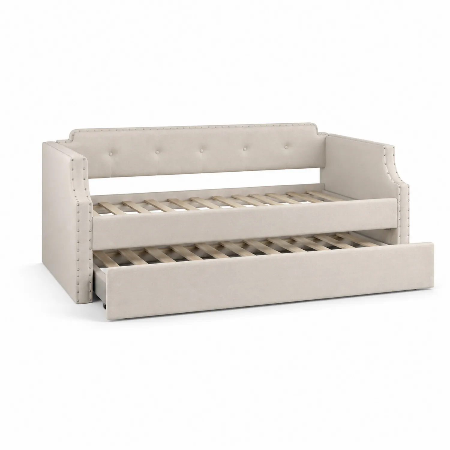 Sofá Cama de Madera Maciza y Poliéster Beige con Cama Nido