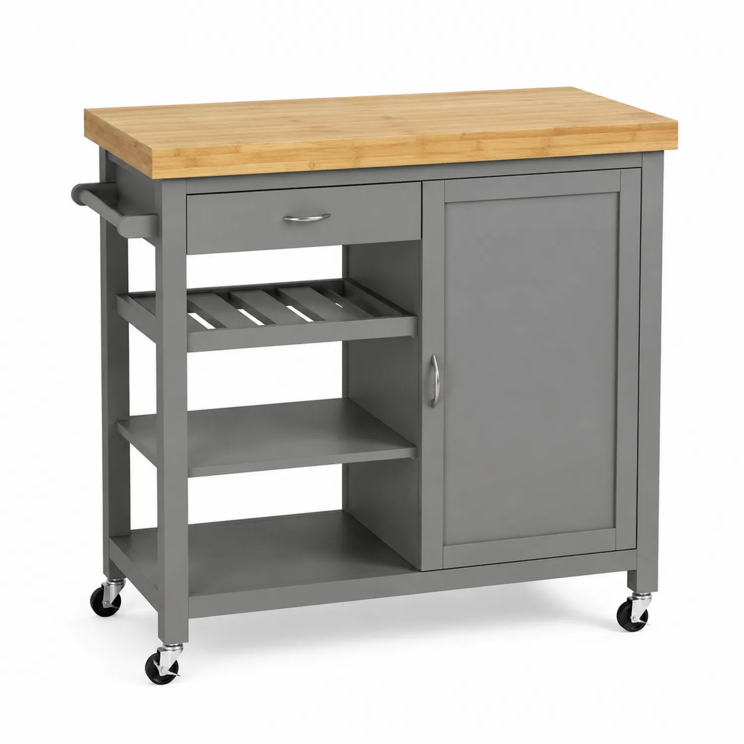 Carro de cocina de madera gris con encimera de bambú