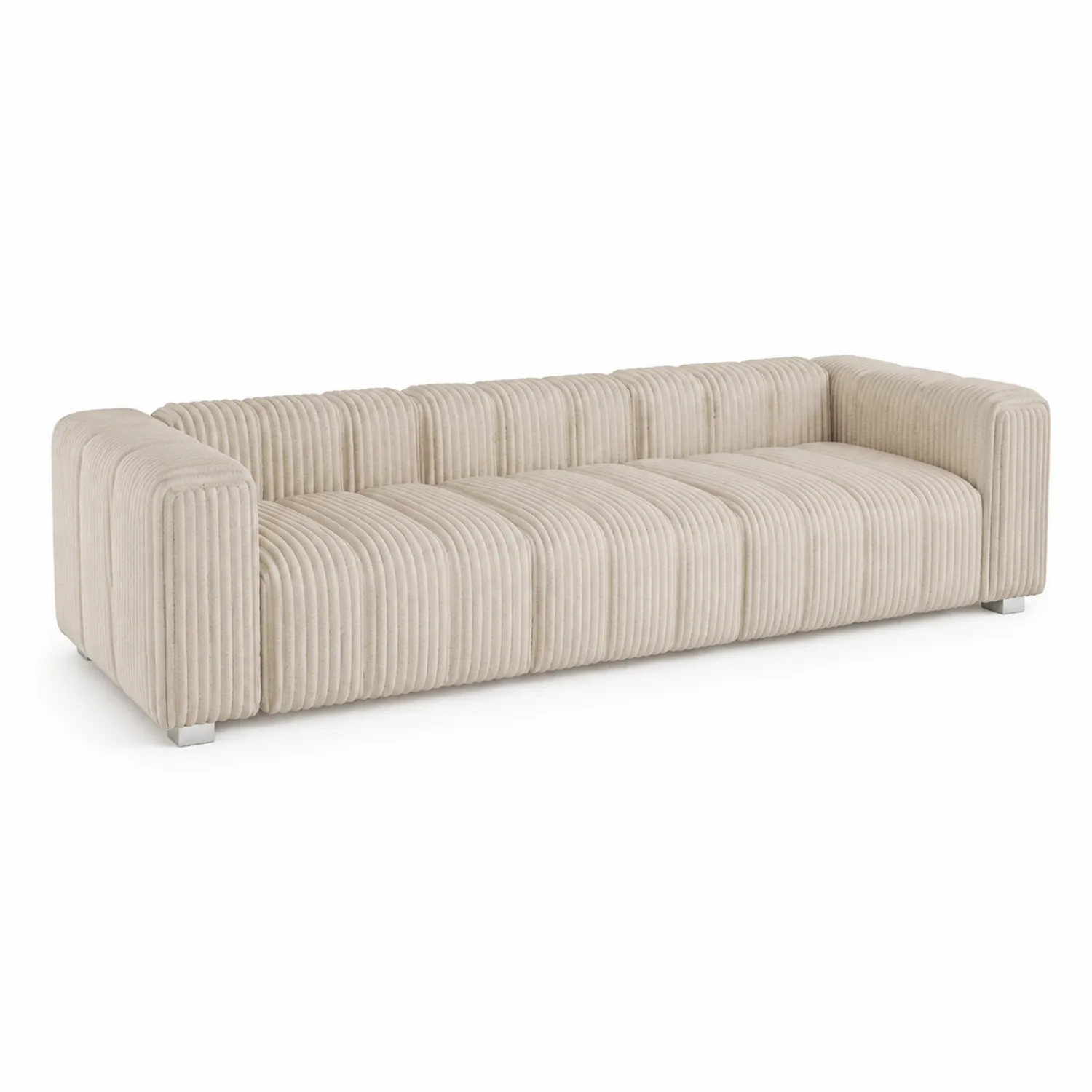 Sofá de 3 plazas de tela beige con base de madera y patas de metal