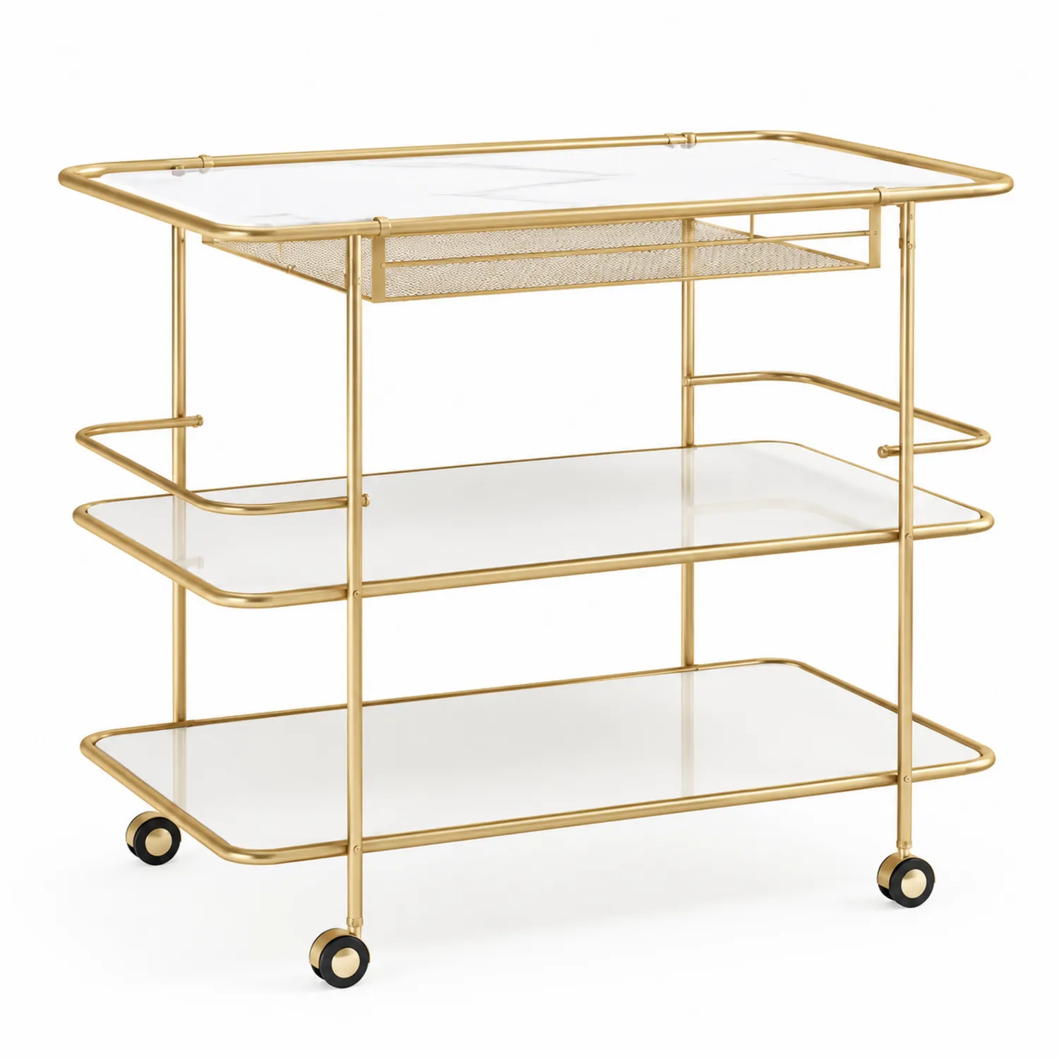 Carrito de cocina dorado con estantes de vidrio templado
