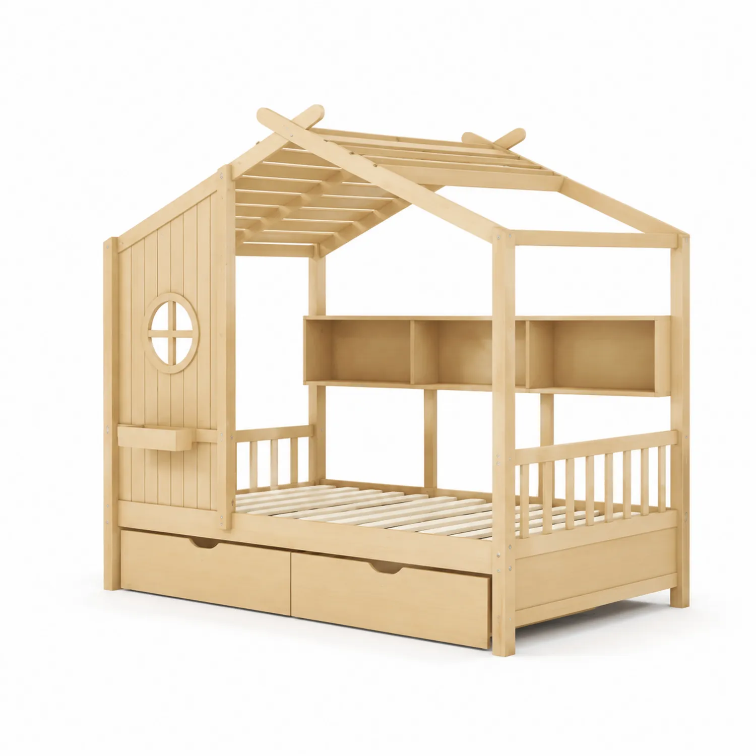 Cama infantil de madera de pino con forma de casa y almacenamiento