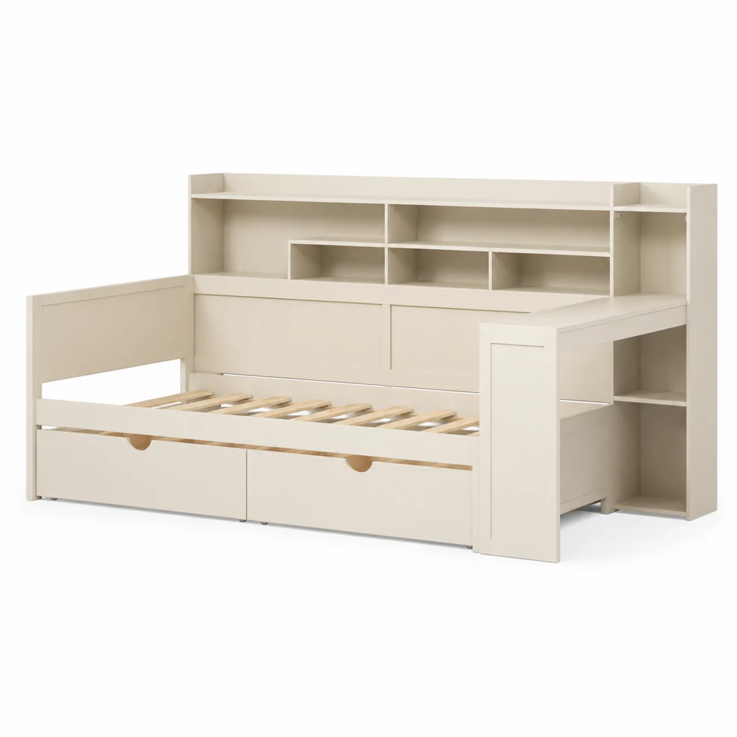 Cama nido beige con almacenamiento y escritorio integrados de madera