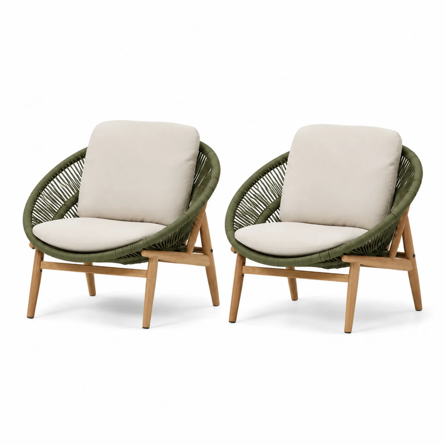 Set de Sillones Redondos de Madera y Cuerda para Exterior Verde y Beige