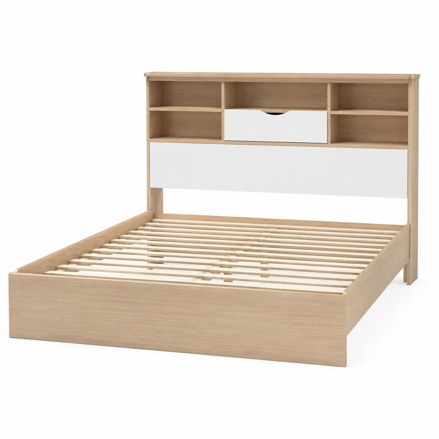 Cama de madera de roble con almacenamiento y acabados blancos 200x160 cm