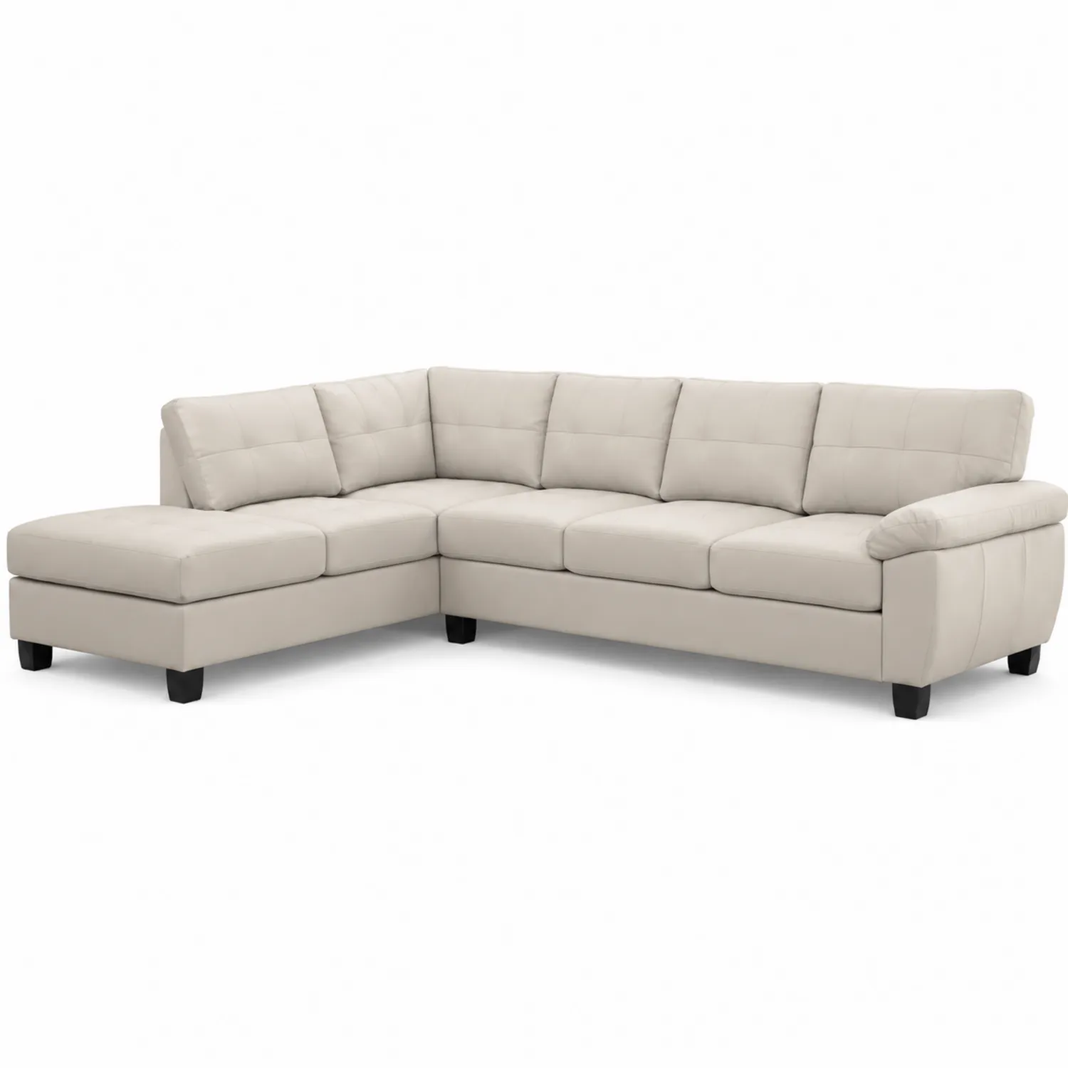 Sofá rinconero en L de cuero sintético beige con patas de madera
