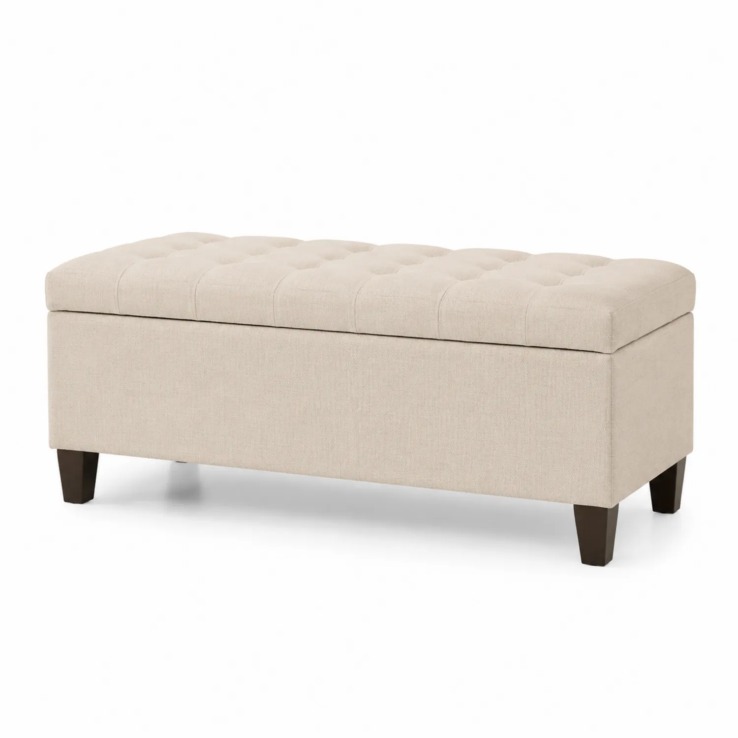 Banco baúl de tela beige con patas de madera