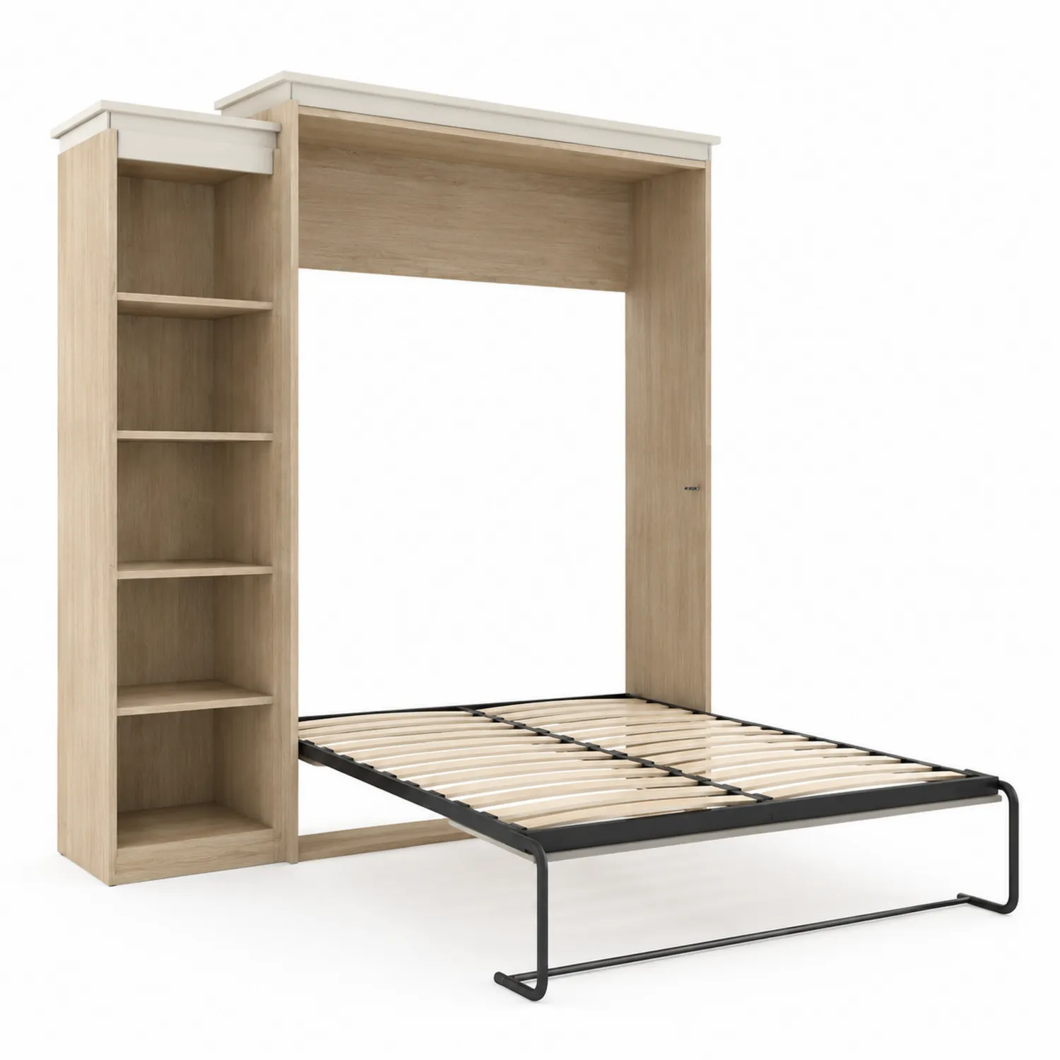 Cama abatible de madera y metal con estantería 200x140 cm