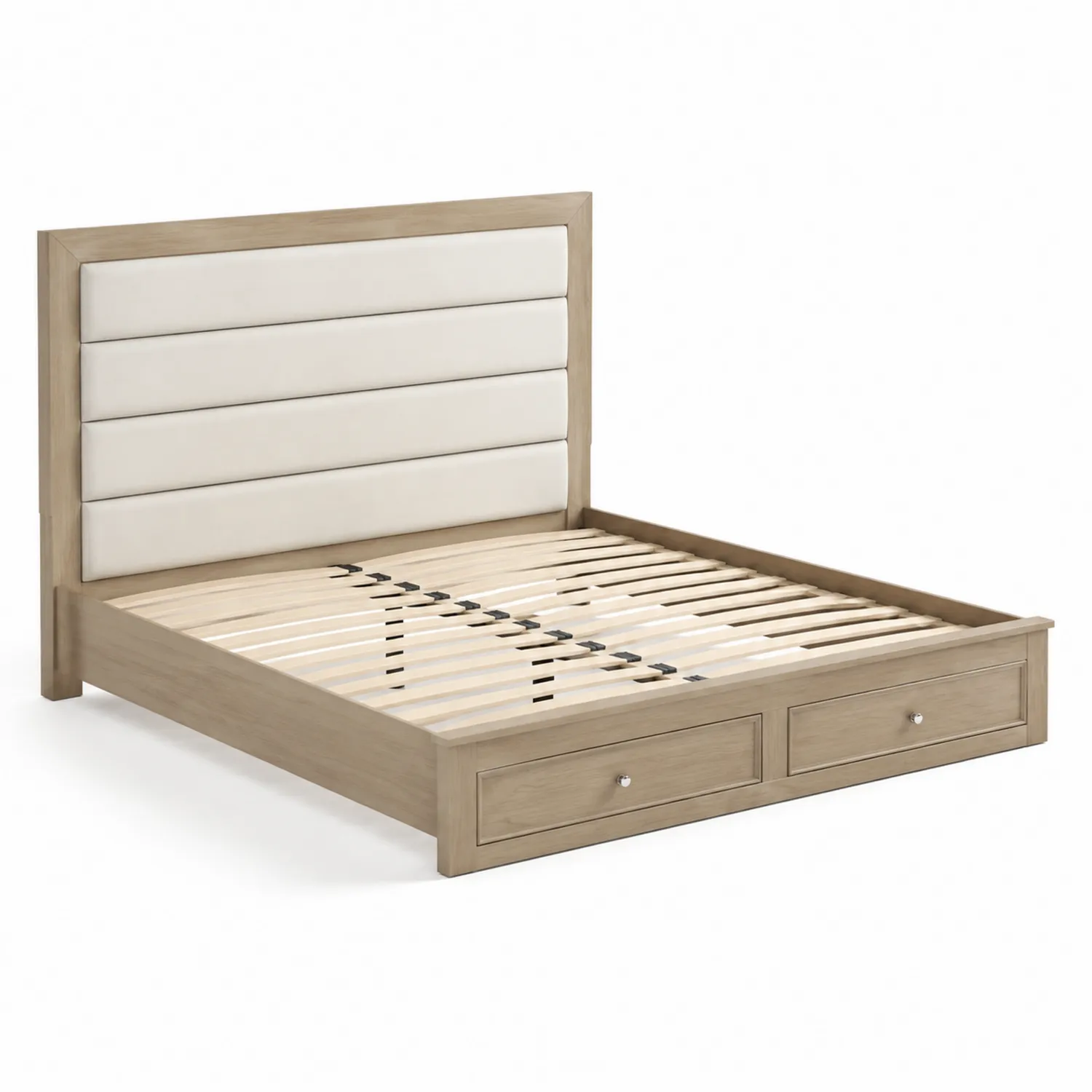 Cama de madera con cabecero tapizado beige y cajones