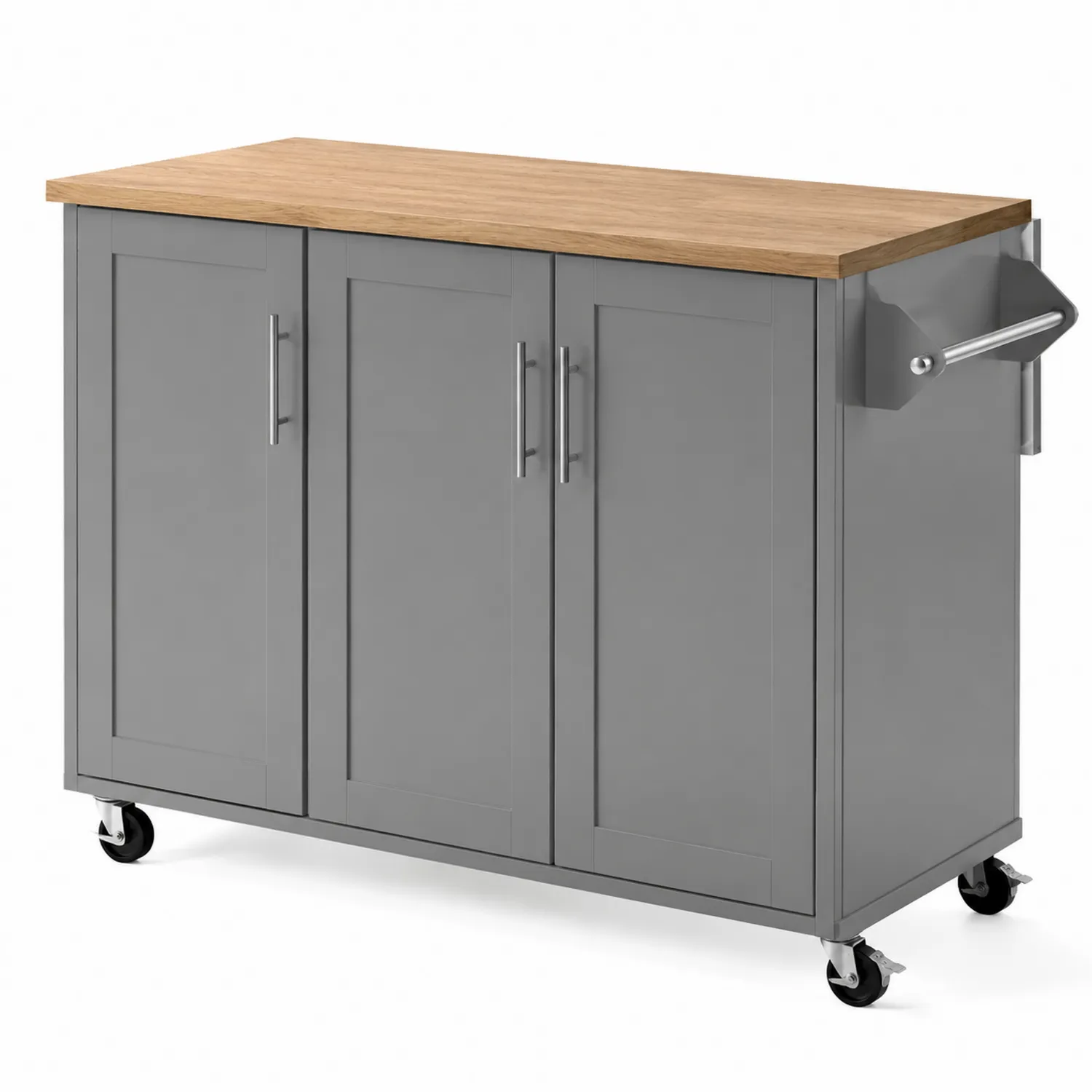 Isla de cocina de MDF gris con encimera de madera laminada y ruedas