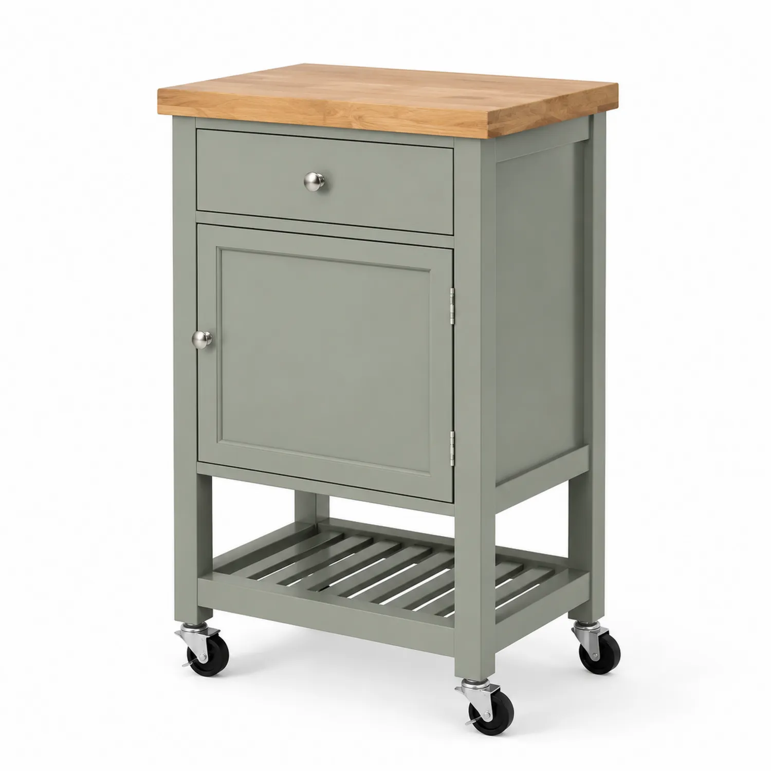 Carro de cocina gris con encimera de madera de roble