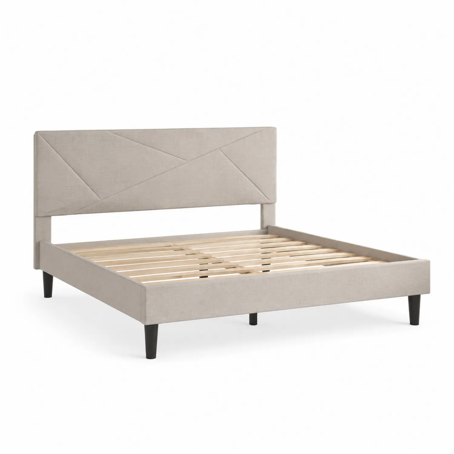 Cama de Tela Beige con Cabecero Geométrico y Estructura de Madera