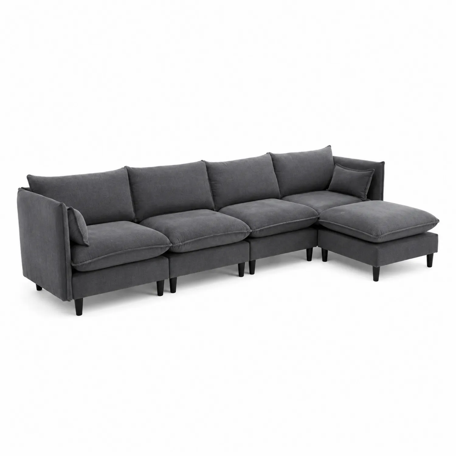 Sofá modular en forma de L gris oscuro con patas de madera