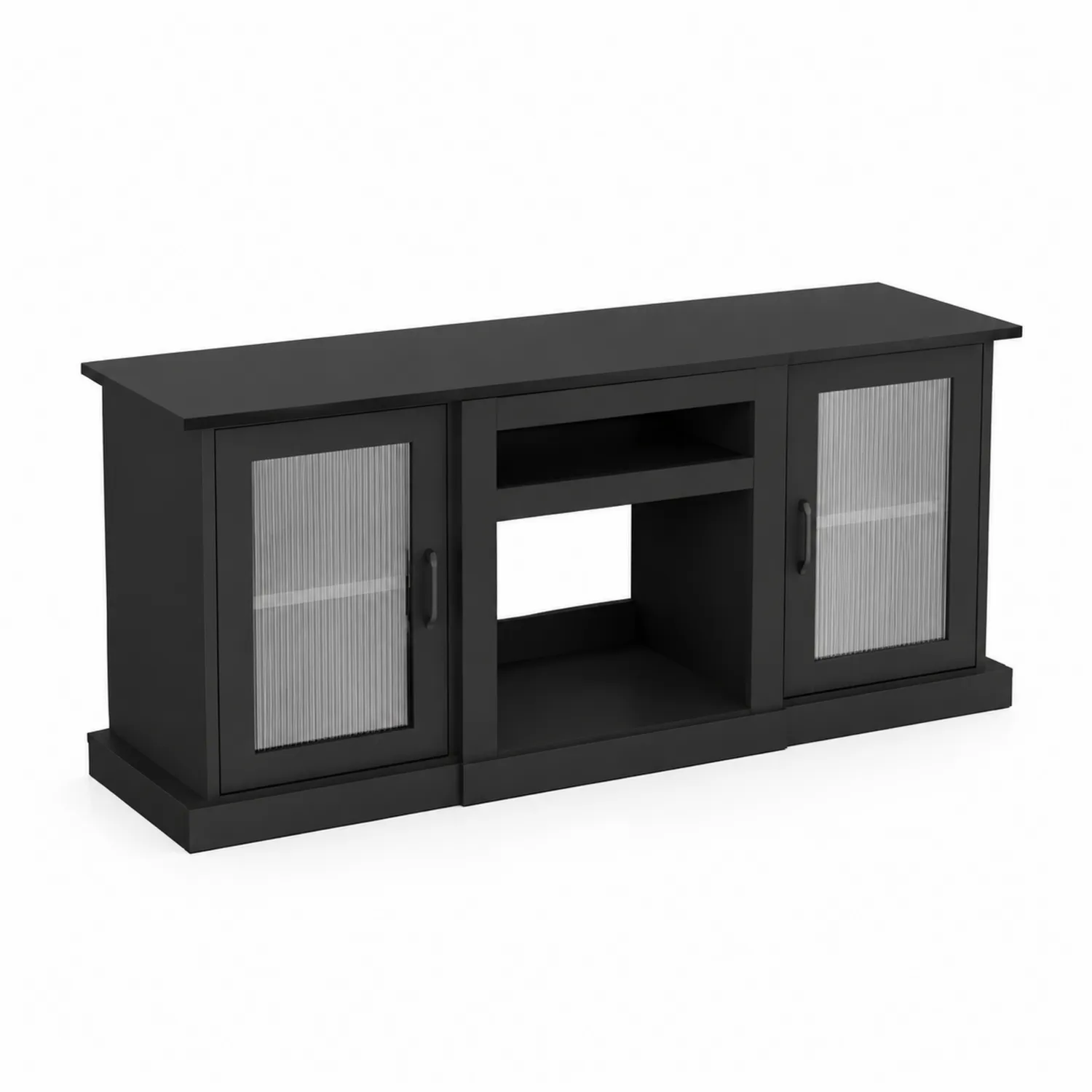 Mueble de TV de Madera con Puertas de Vidrio Acanalado Negro