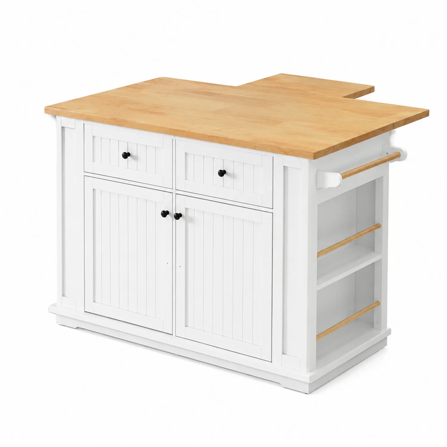 Isla de cocina con superficie de madera de abedul y estructura blanca