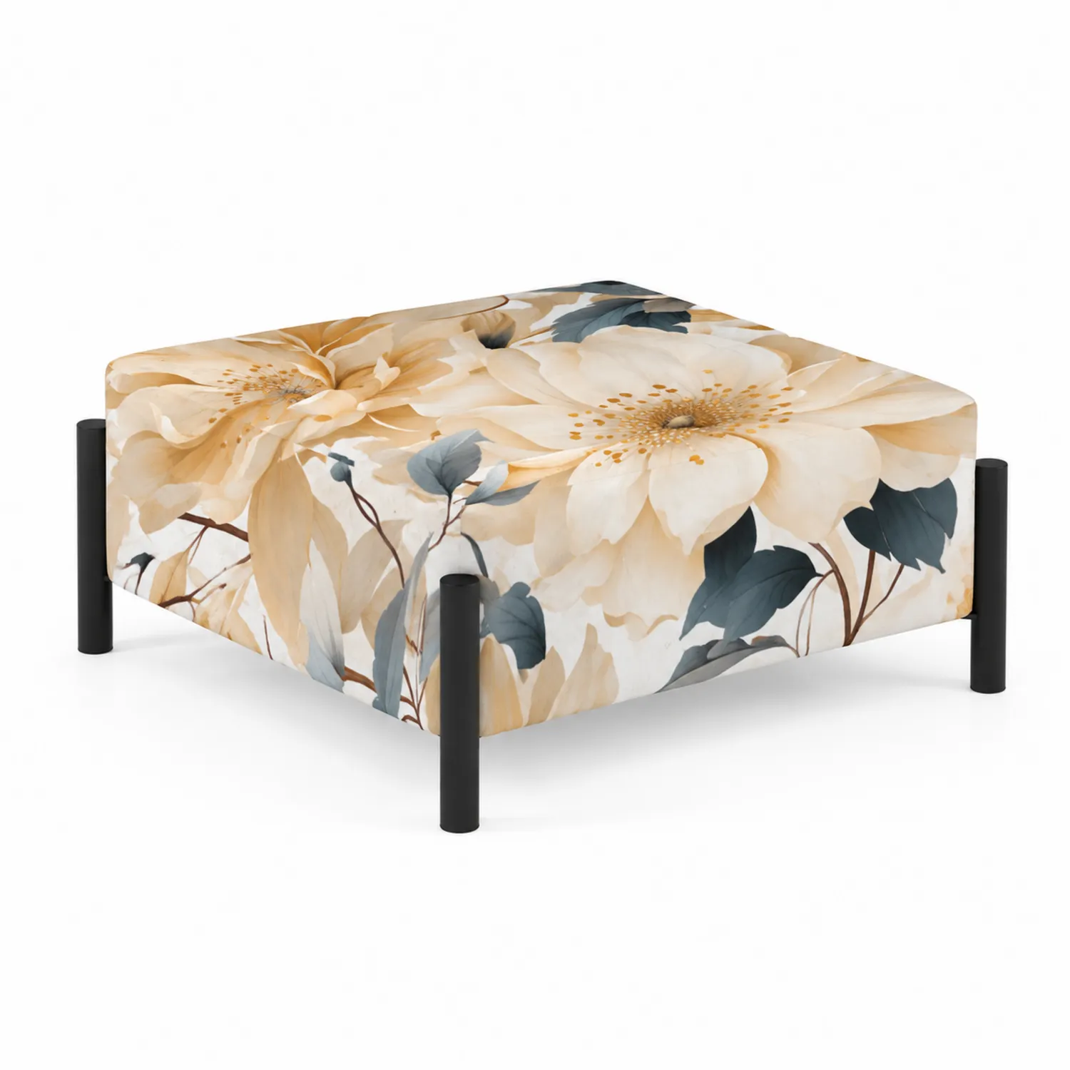 Puff cuadrado floral en poliéster con patas de metal 80x80x45 cm
