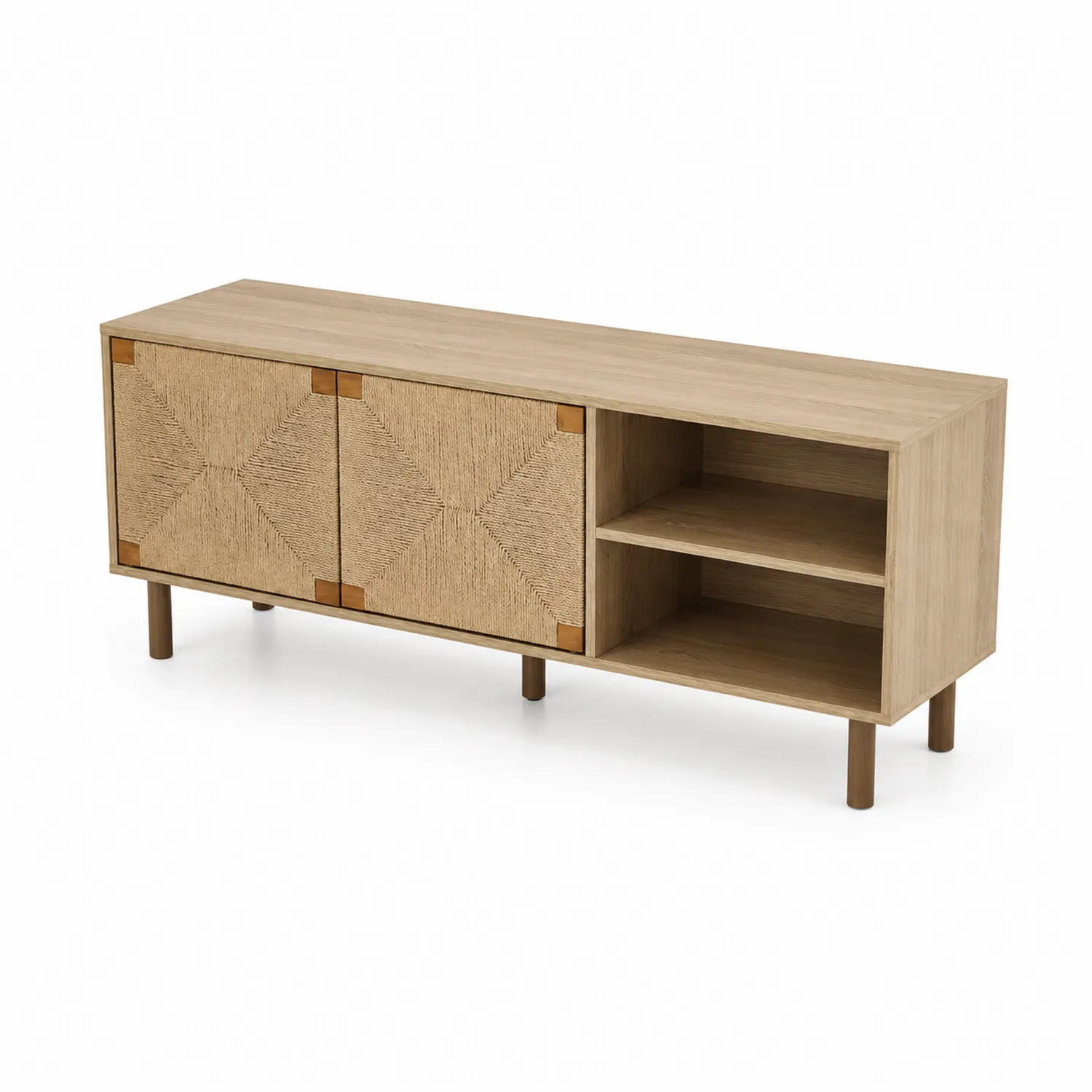 Mueble de madera con puertas de rejilla y estantes abiertos 150 cm