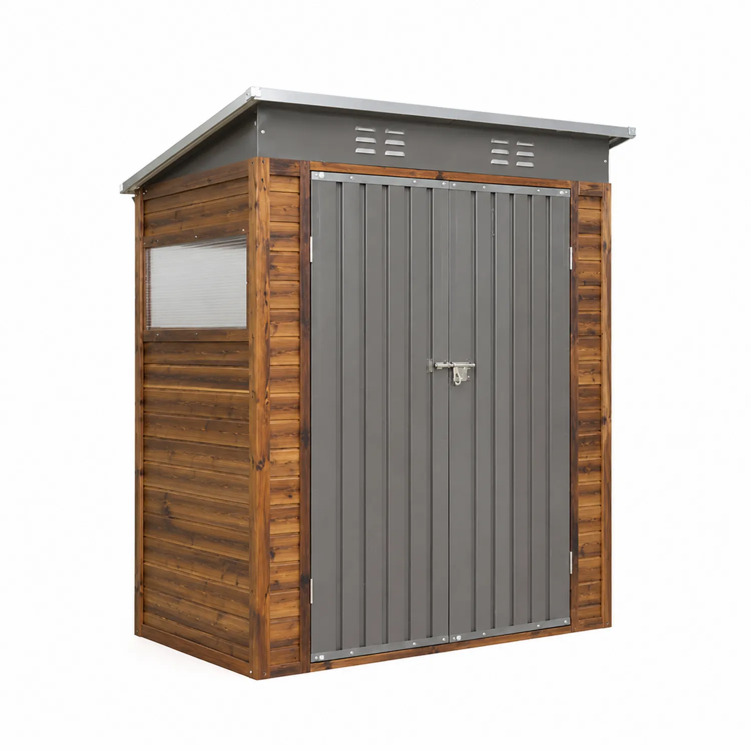 Cobertizo de madera y metal con puerta gris