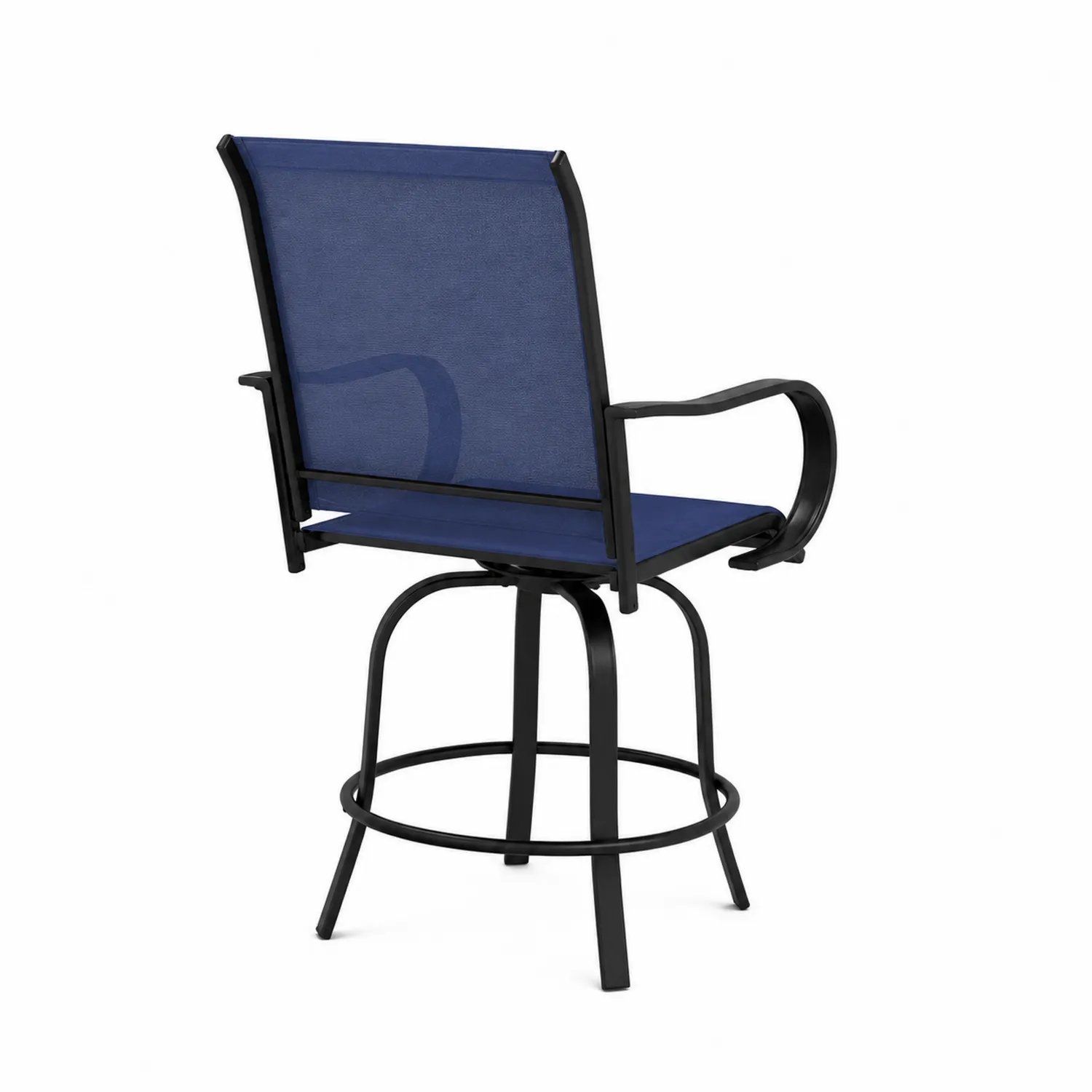 Taburete de metal negro con asiento giratorio y respaldo de malla azul