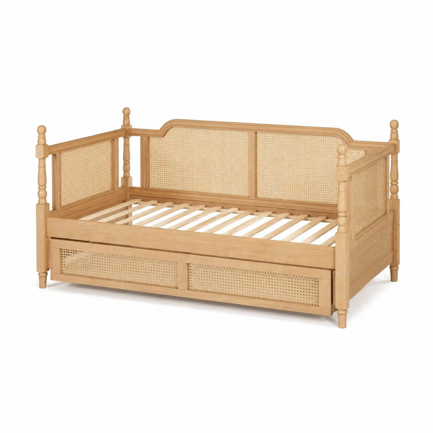 Cama de día de madera con panel de ratán y almacenamiento