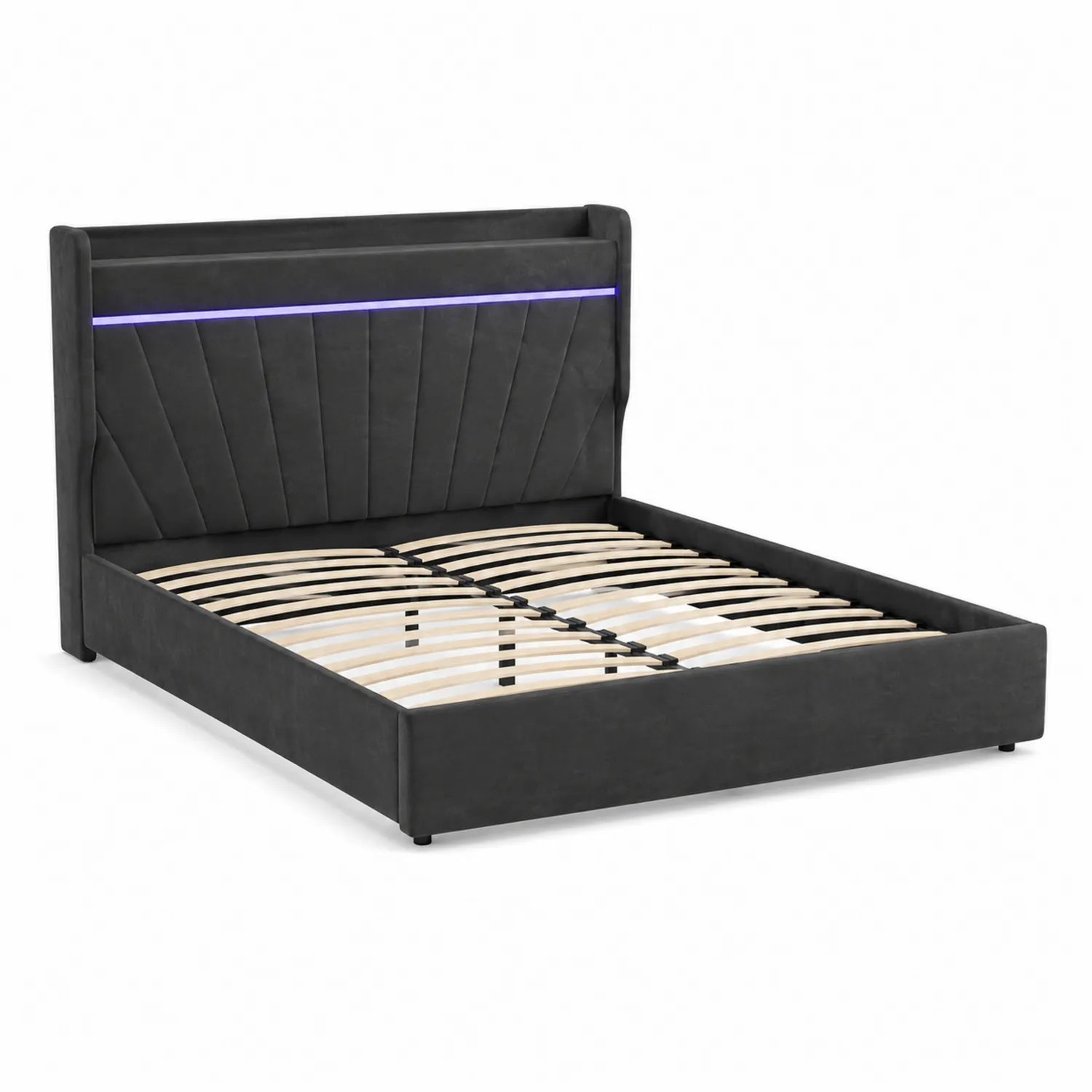 Cama grande de terciopelo gris oscuro con LED