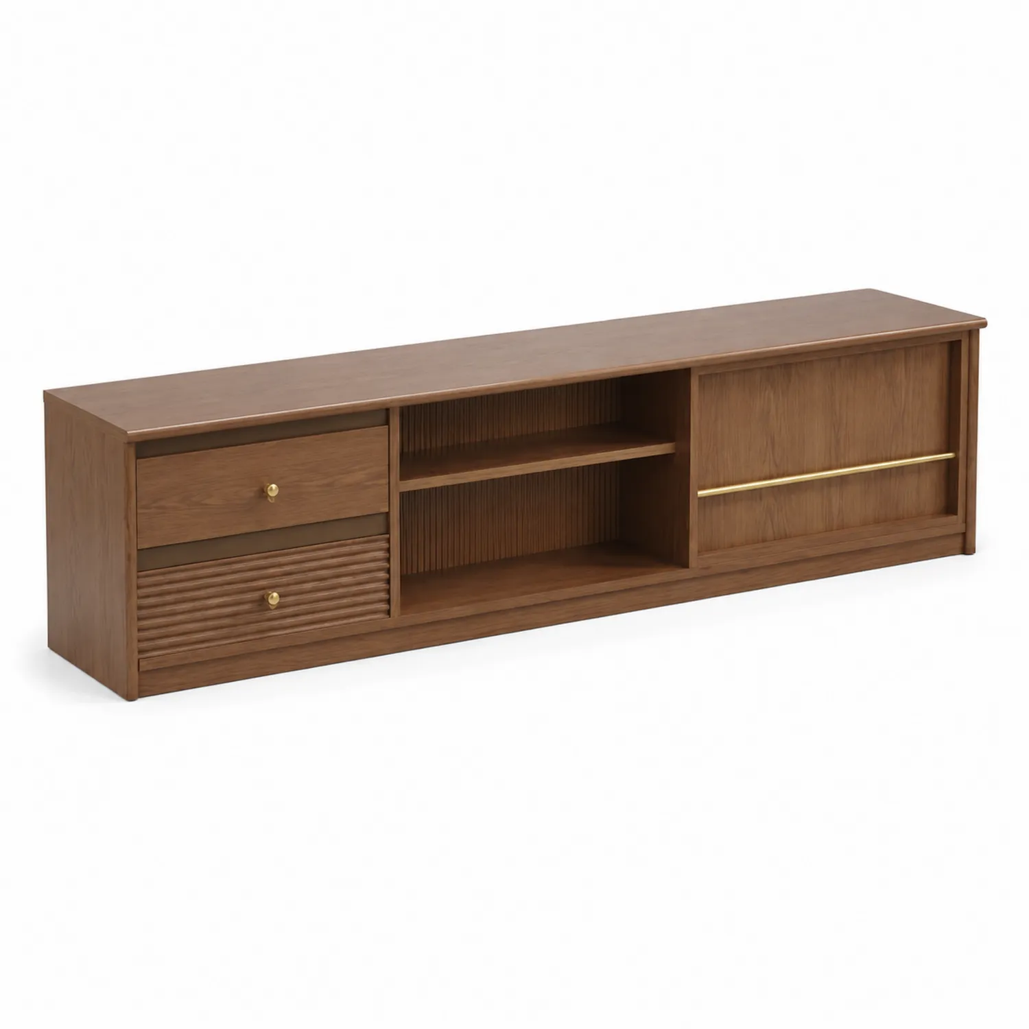 Mueble de TV de madera de nogal con cajones y puerta corredera