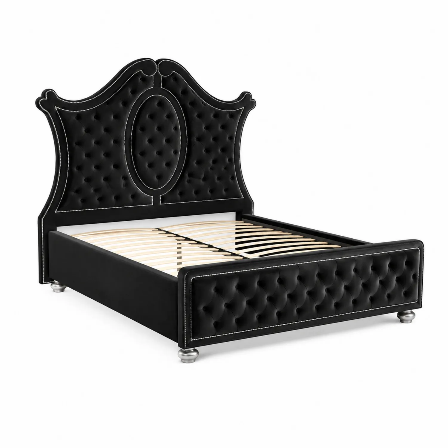 Cama de terciopelo negro con cabecero capitoné 200x160 cm