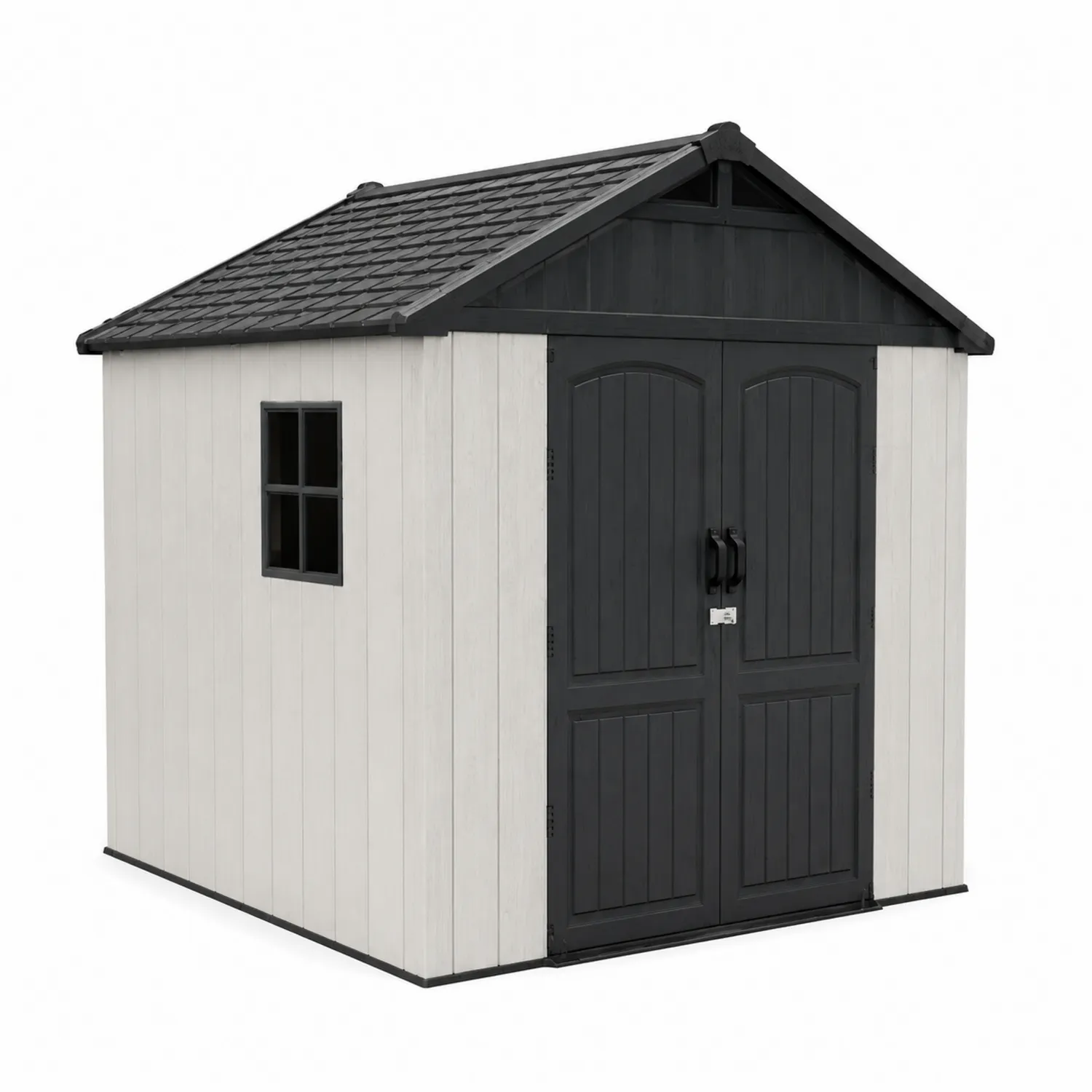 Cobertizo de resina gris con puertas y ventana
