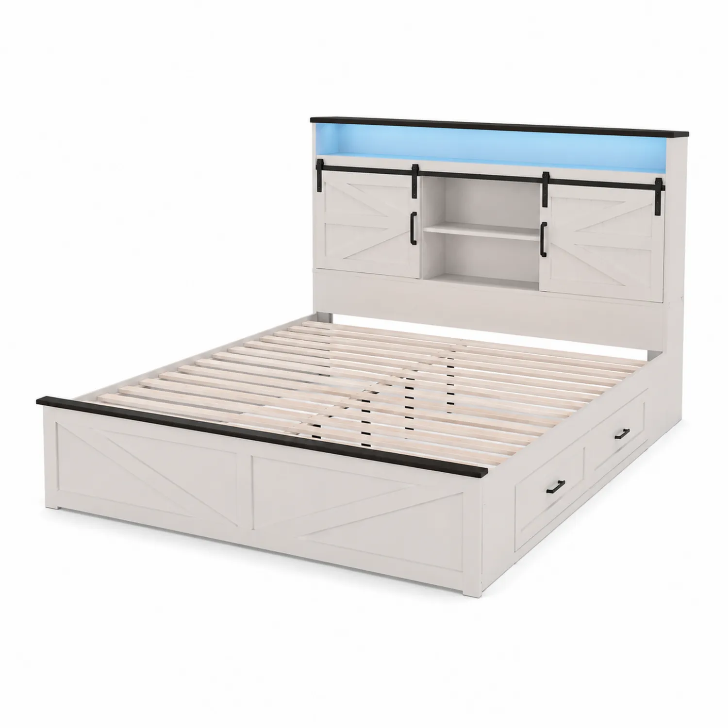 Cama doble de madera con almacenamiento y luces LED