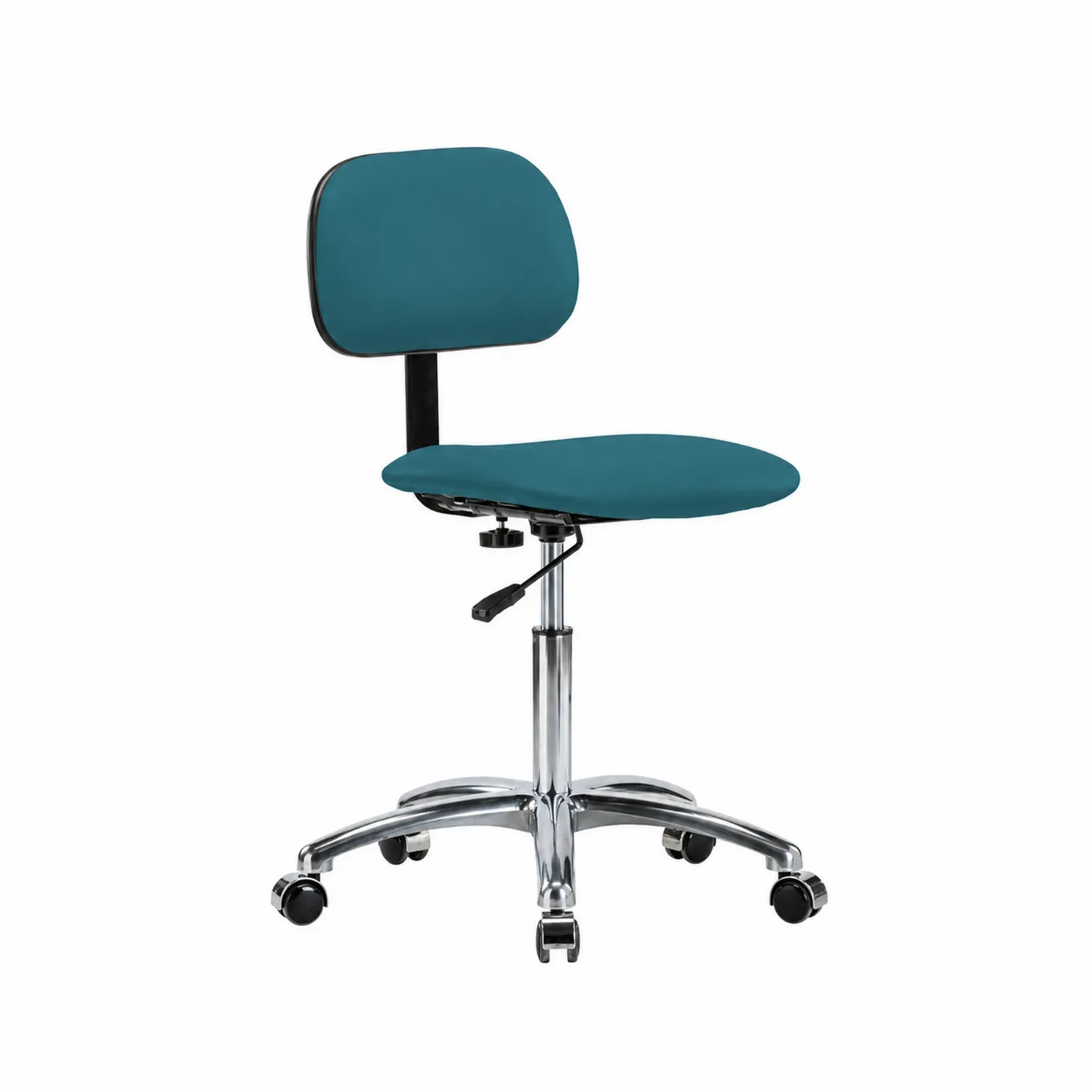Silla de oficina azul con estructura de metal cromado