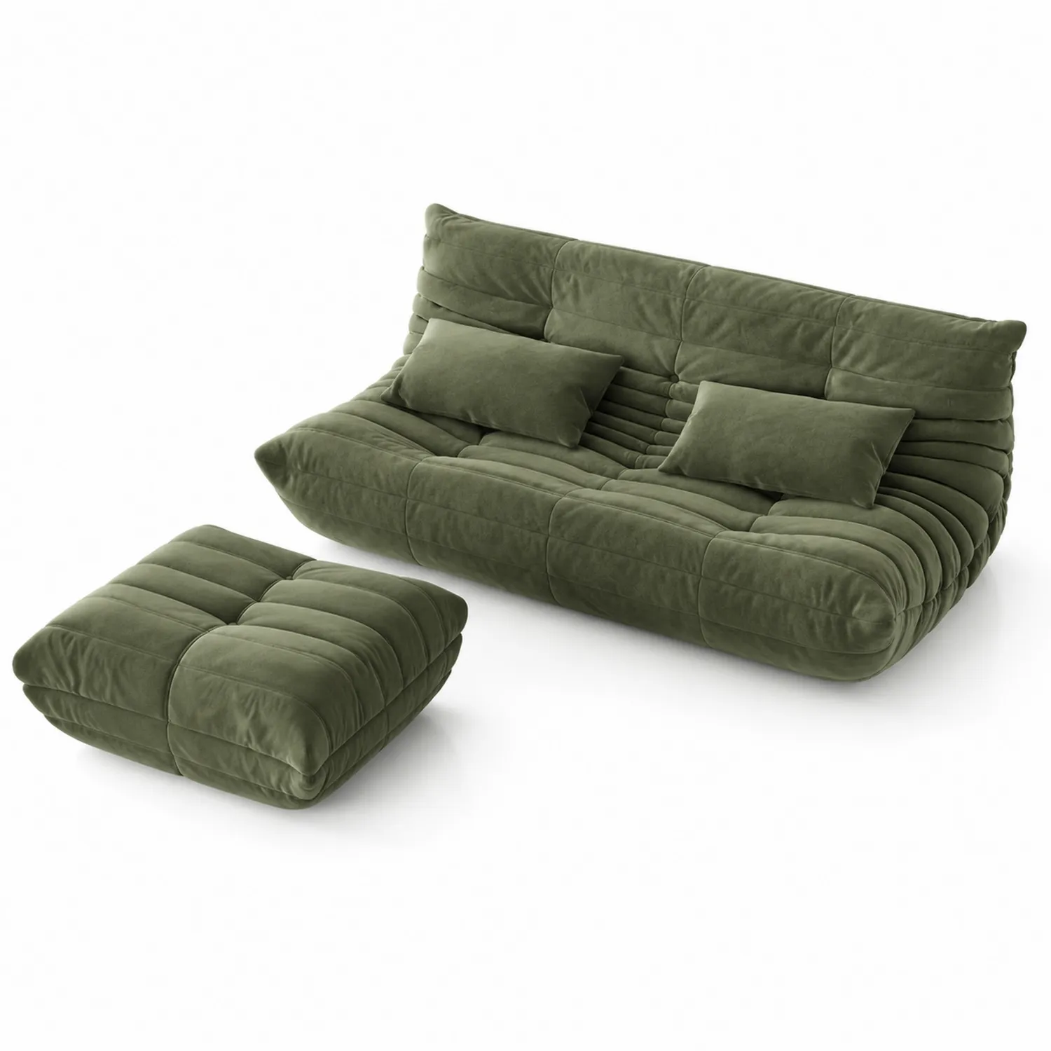 Sofá de terciopelo verde con otomana y cojines, 150 cm ancho