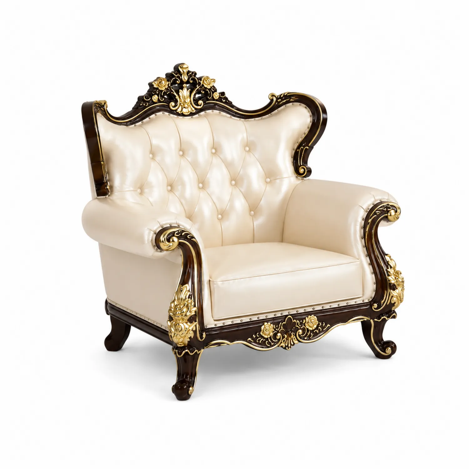 Sillón de Madera con Tapizado de Cuero Sintético Beige