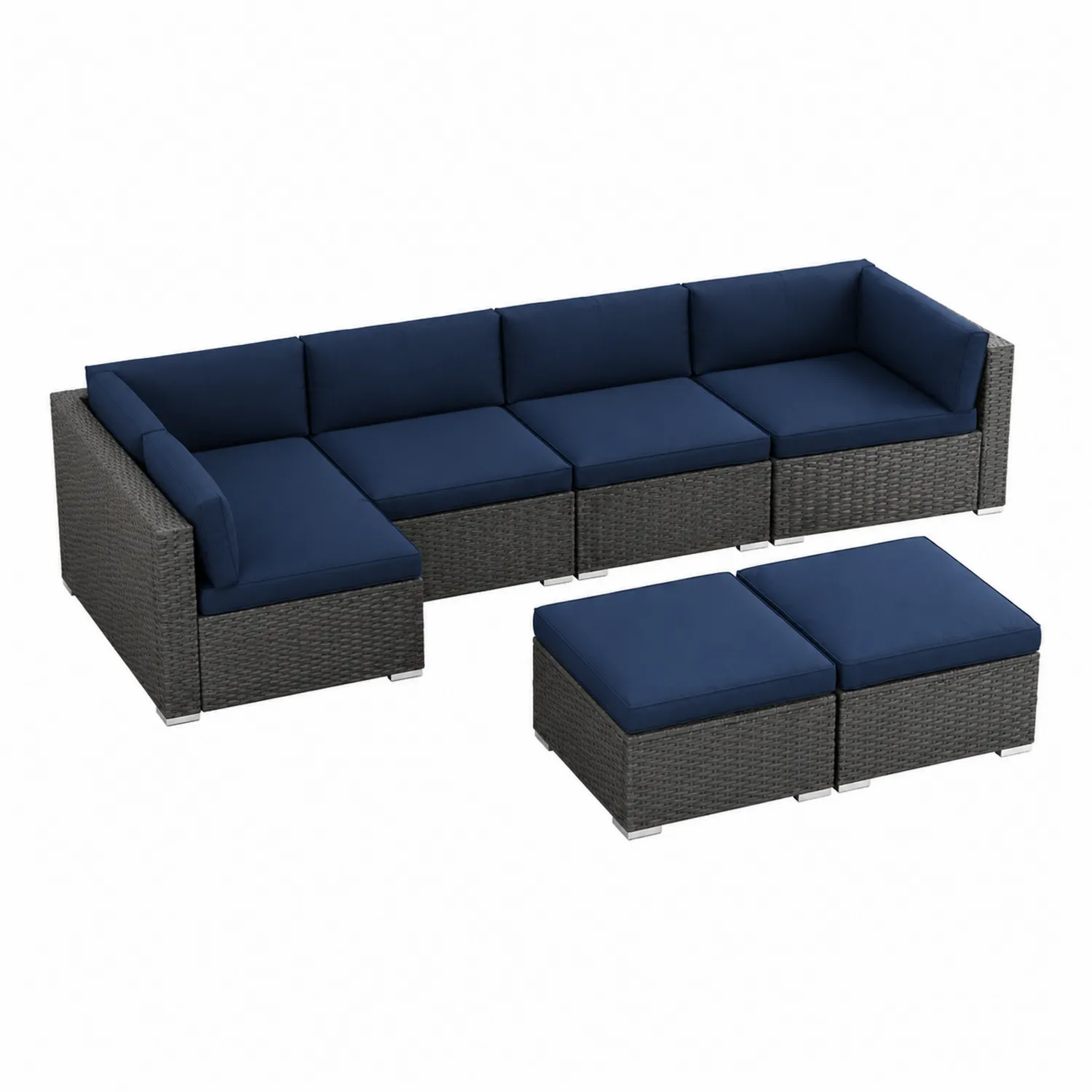 Conjunto de Sofás Modulares de Ratán Sintético y Tela Azul Oscuro