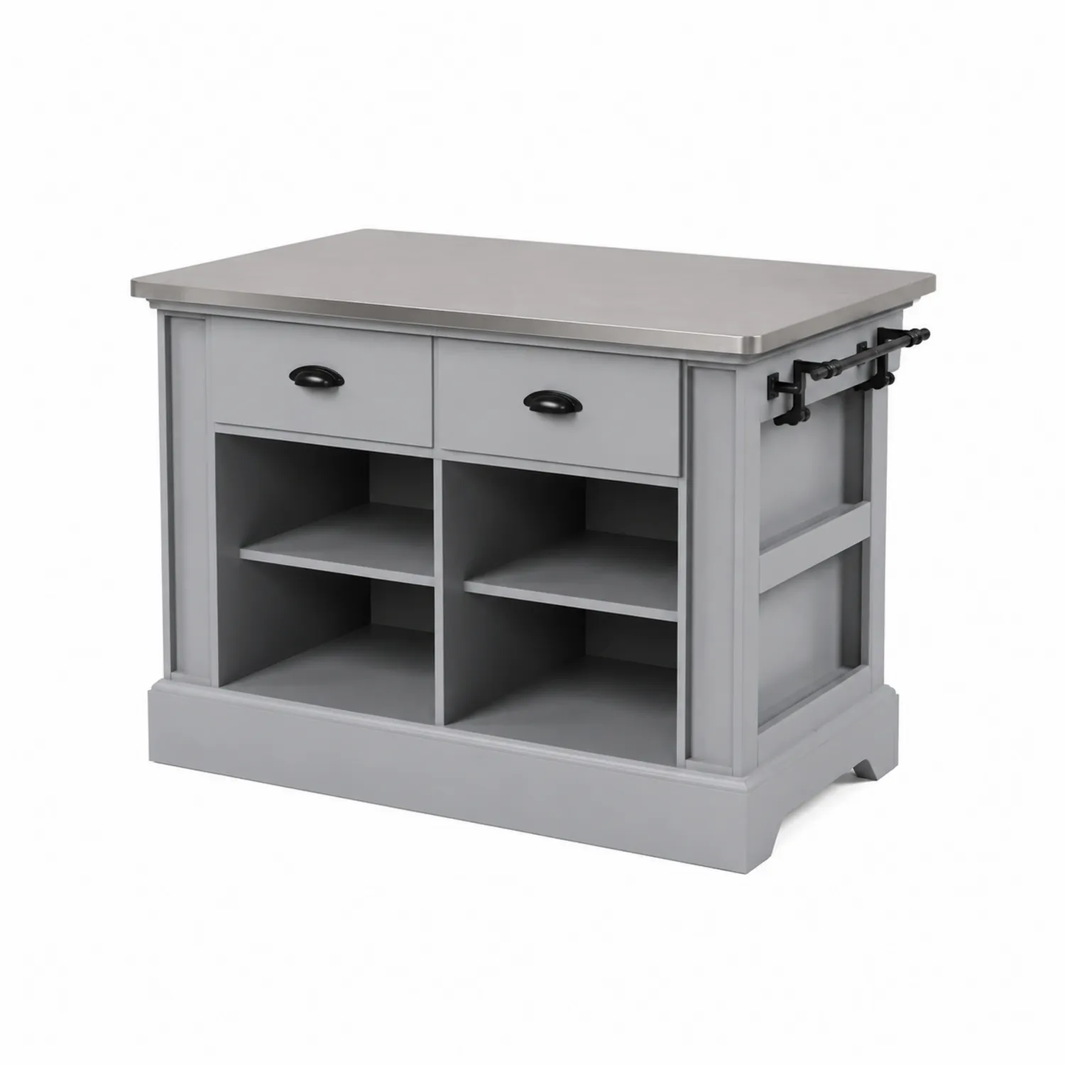 Isla de cocina gris con encimera de acero