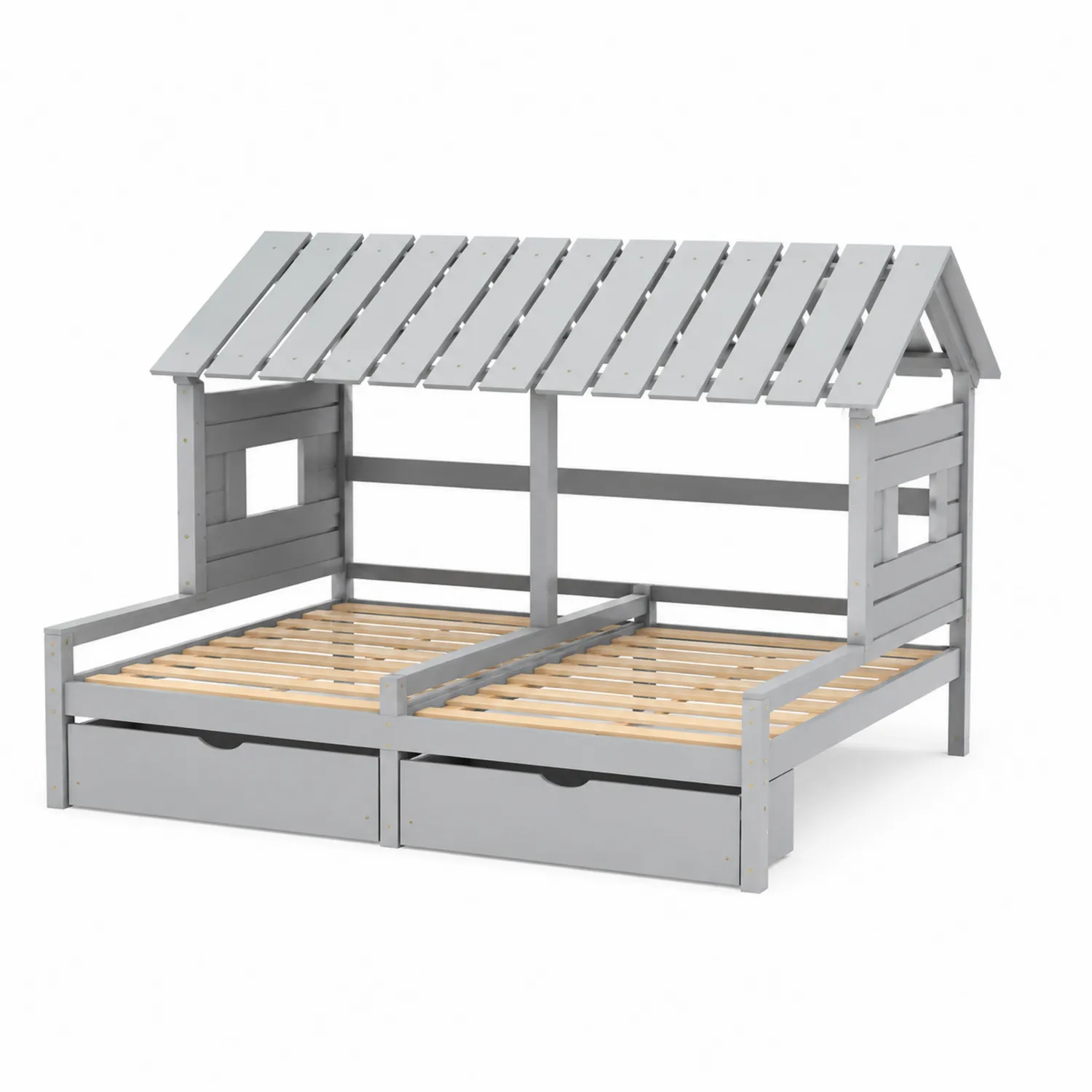Cama doble infantil de madera gris con almacenamiento